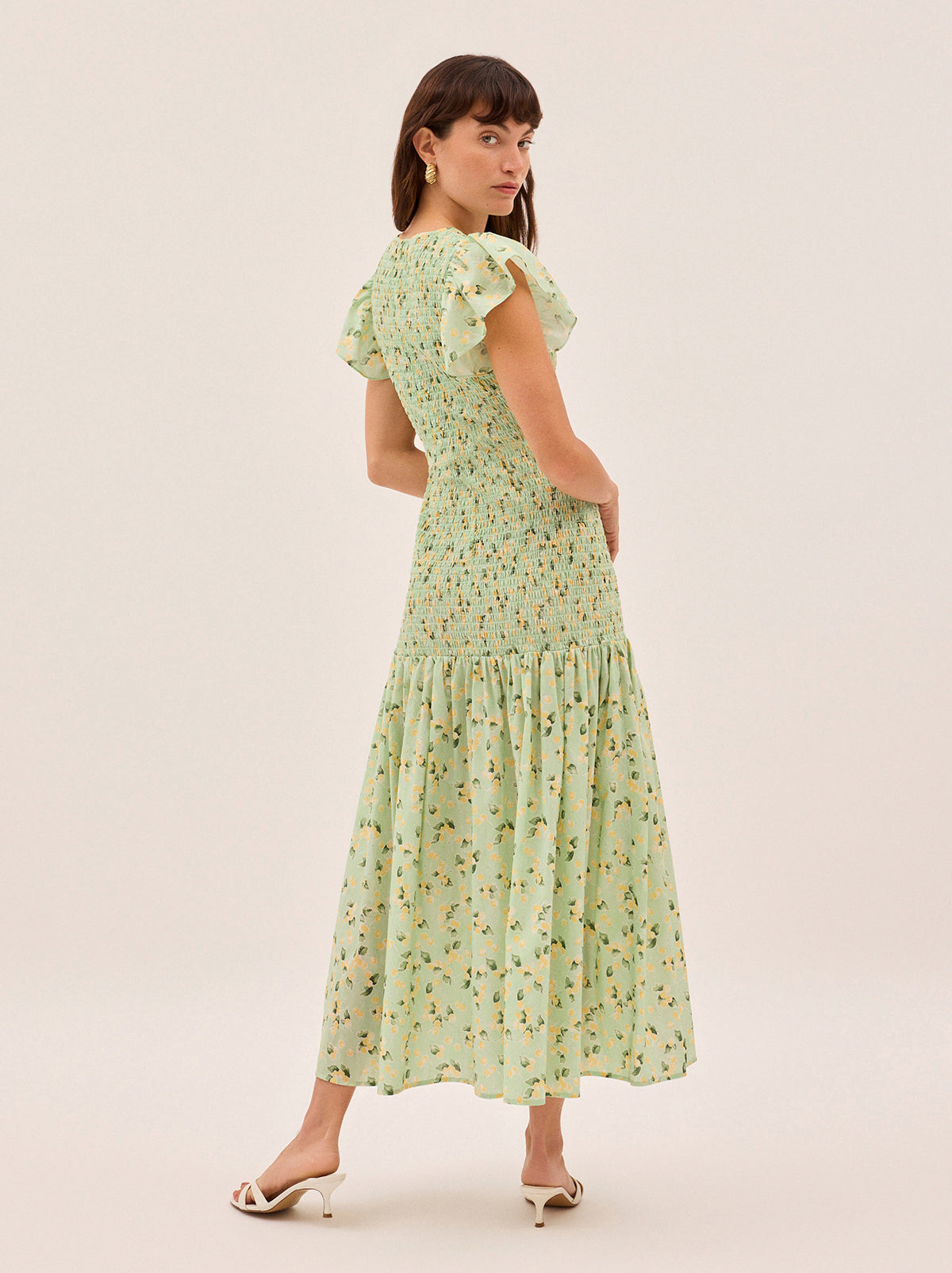 Jemima Green Cherry Print Shirred Maxi Dress