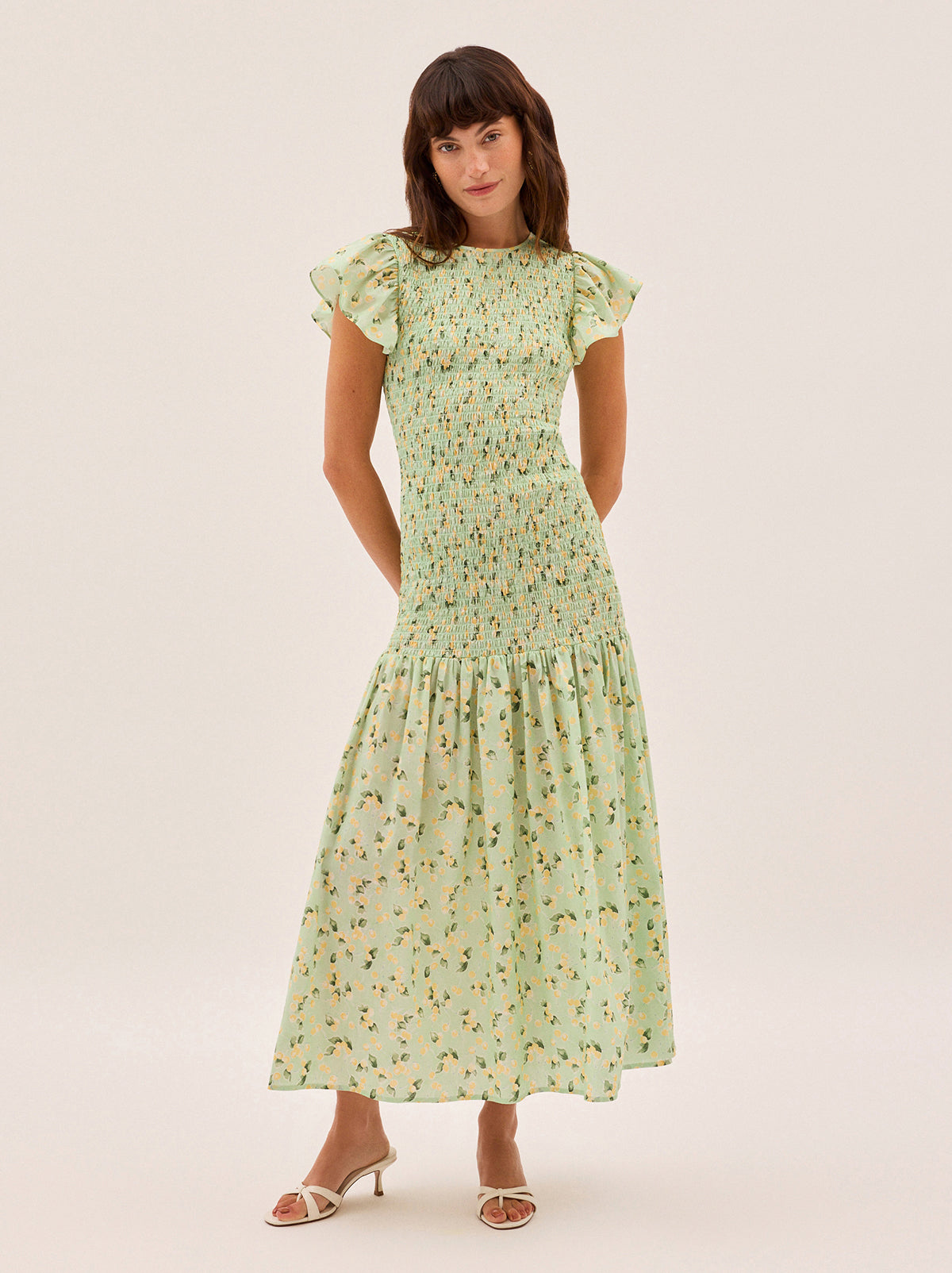 Jemima Green Cherry Print Shirred Maxi Dress
