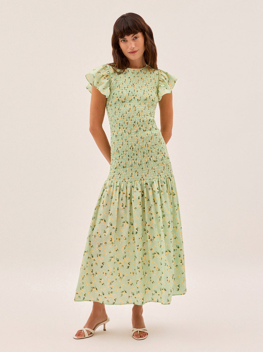 Jemima Green Cherry Print Shirred Maxi Dress
