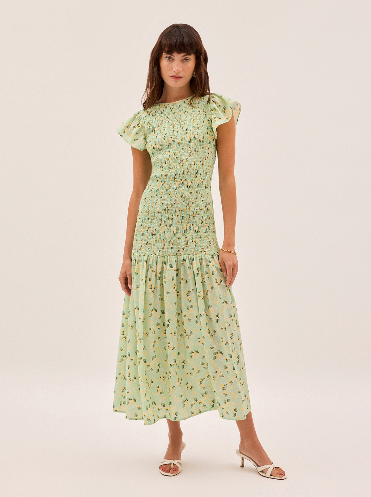Jemima Green Cherry Print Shirred Maxi Dress
