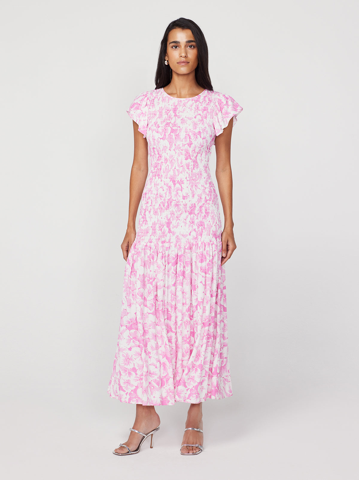 Jemima Pink Pansy Print Shirred Maxi Dress