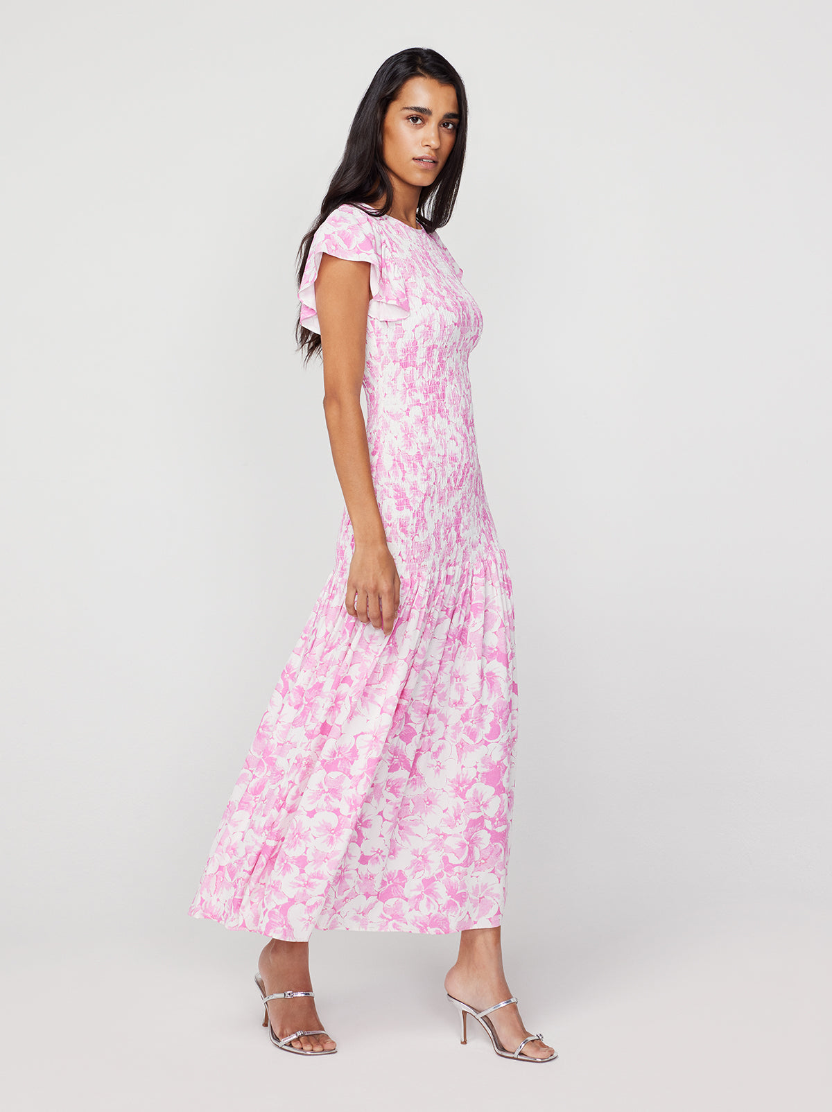 Jemima Pink Pansy Print Shirred Maxi Dress