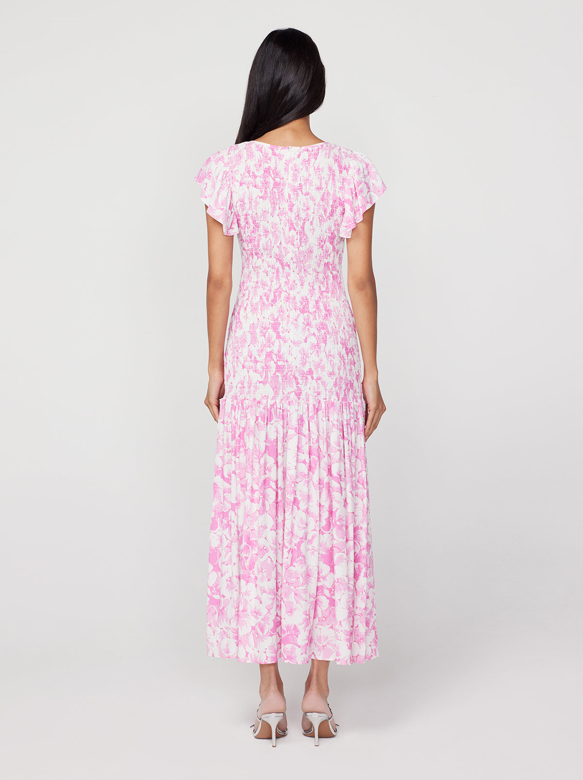 Jemima Pink Pansy Print Shirred Maxi Dress