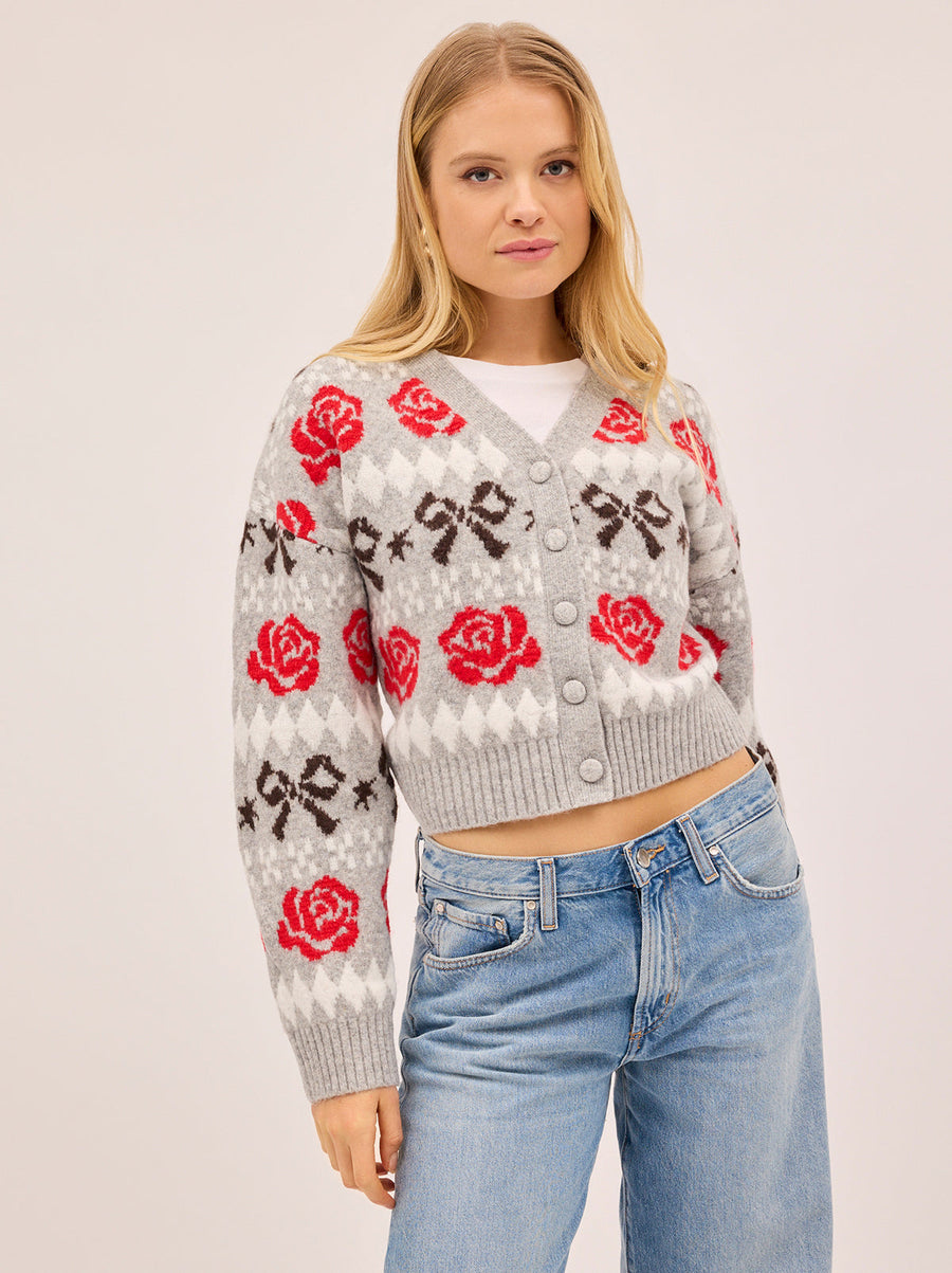 Joanne Grey Bow Fairisle Knit Cardigan