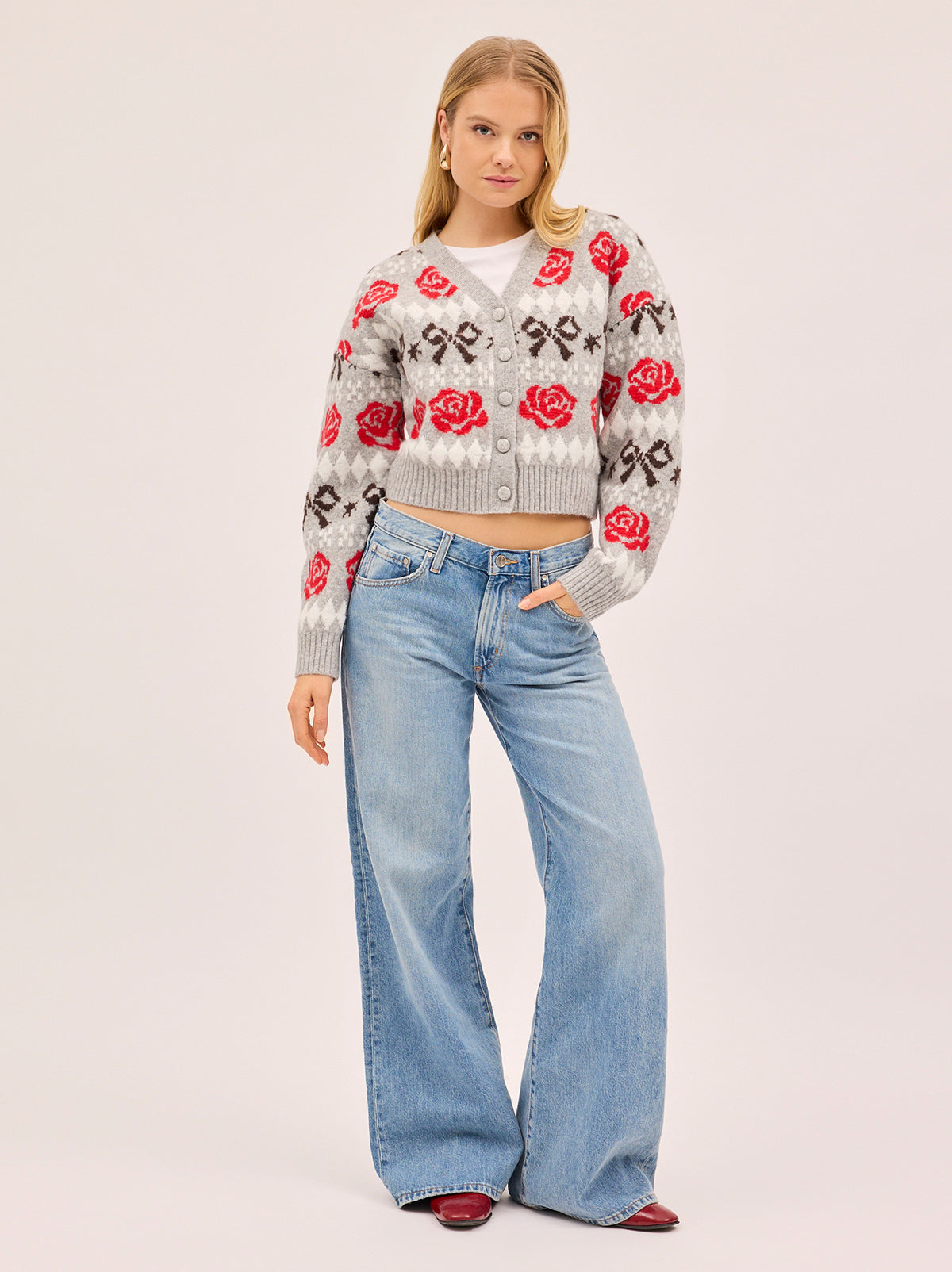Joanne Grey Bow Fairisle Knit Cardigan