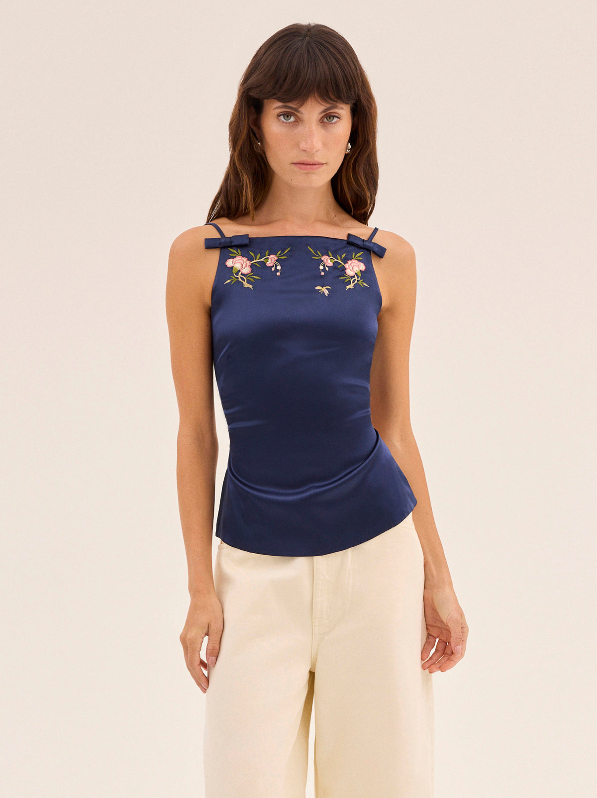 Josie Navy Satin Embroidered Top