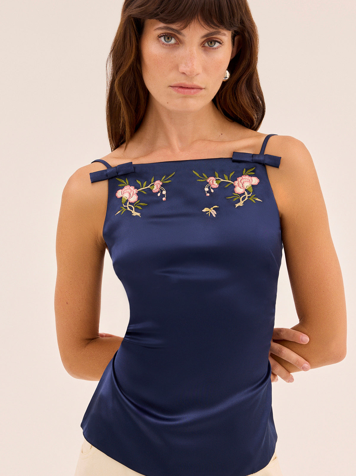 Josie Navy Satin Embroidered Top