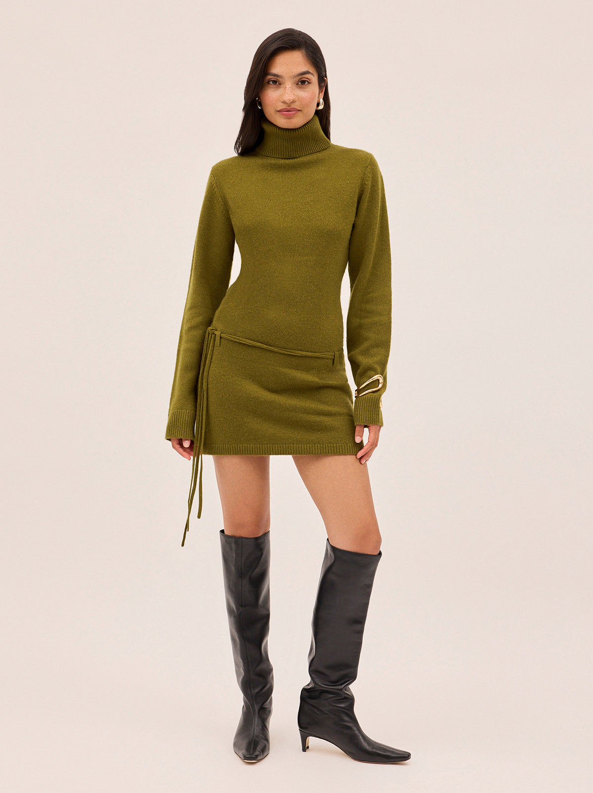 Juno Olive Wool-Blend Roll Neck Mini Dress