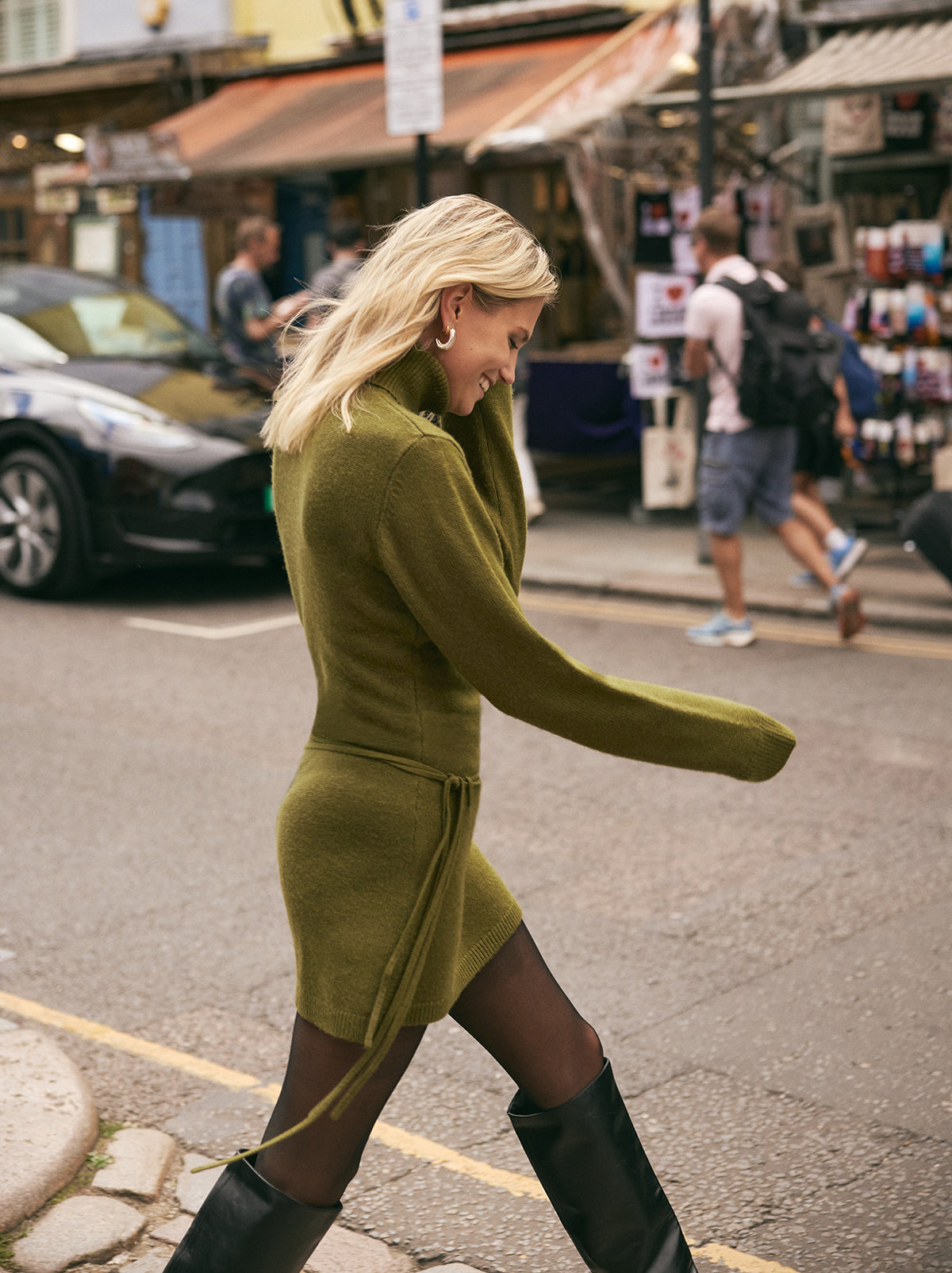 Juno Olive Wool-Blend Roll Neck Mini Dress