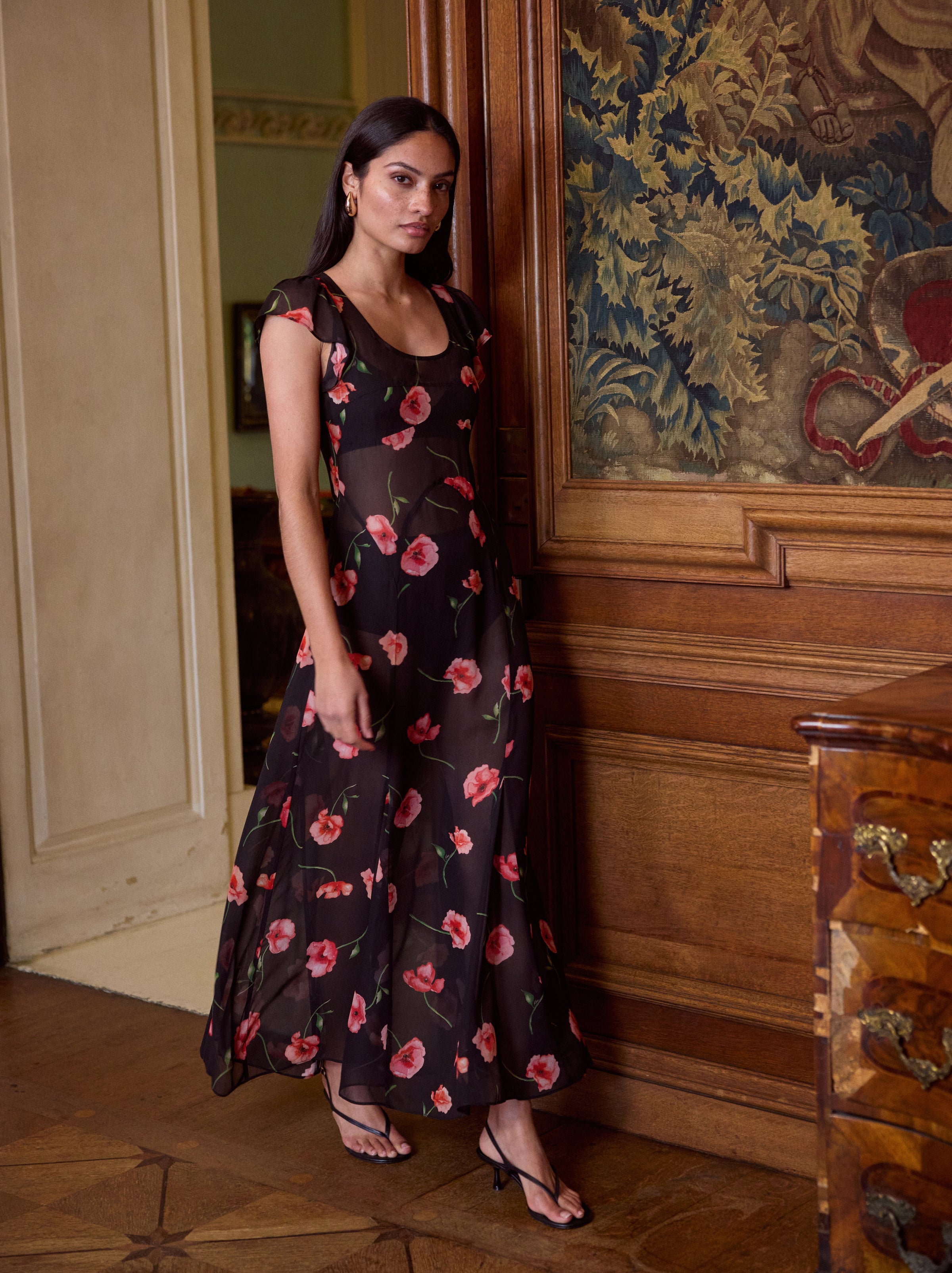 Kaia Black Poppy Print Dress
