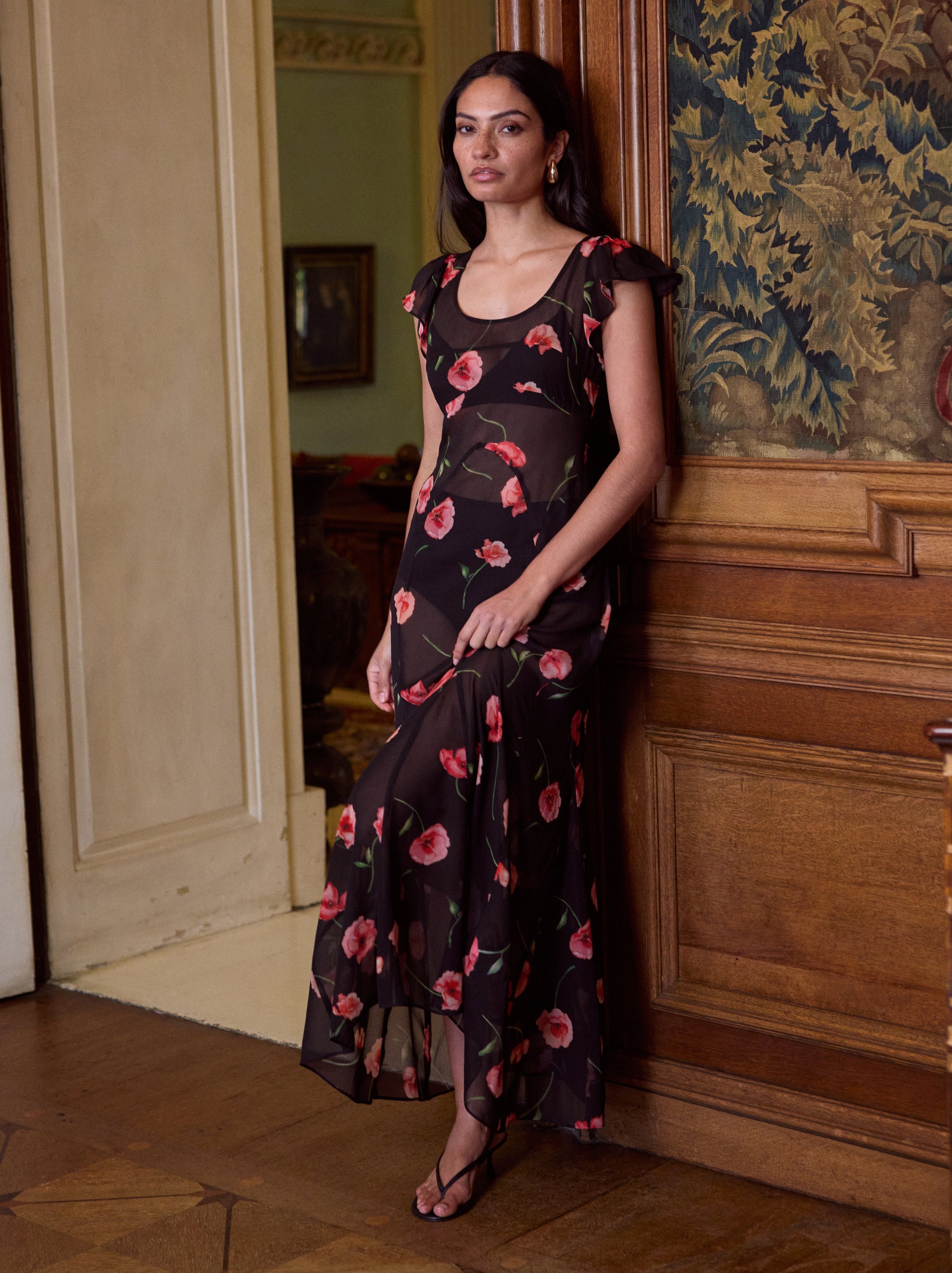 Kaia Black Poppy Print Dress