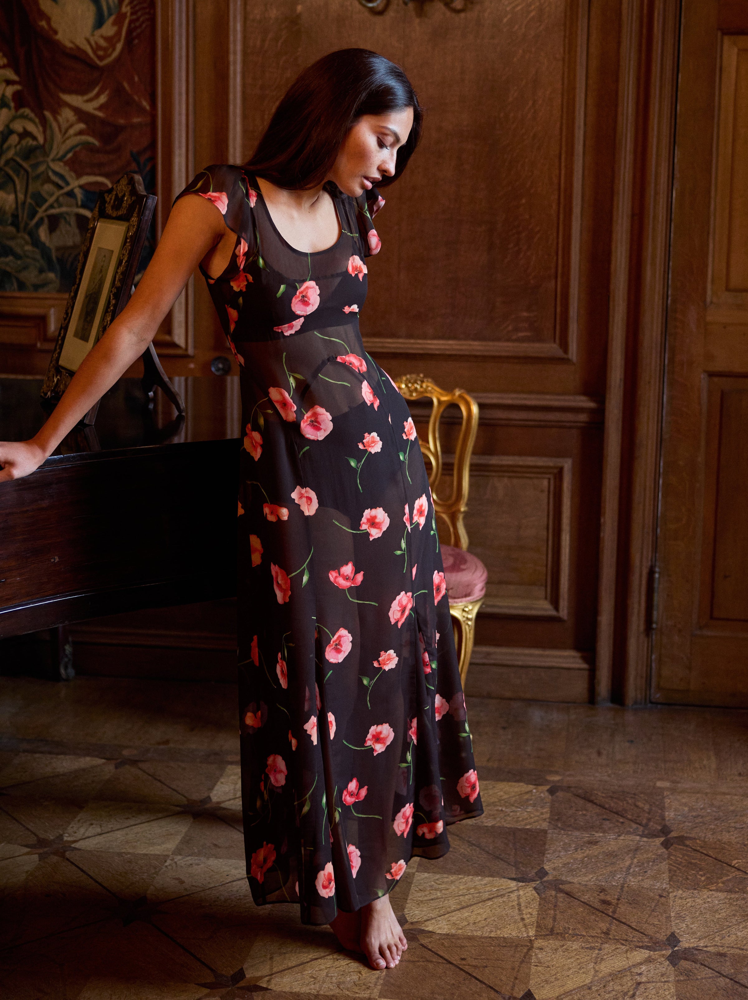 Kaia Black Poppy Print Dress