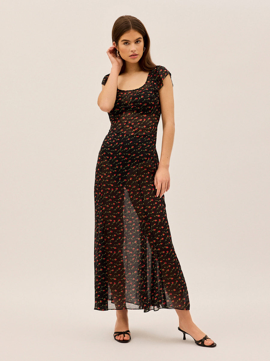 Kaia Black Rose Print Maxi Dress
