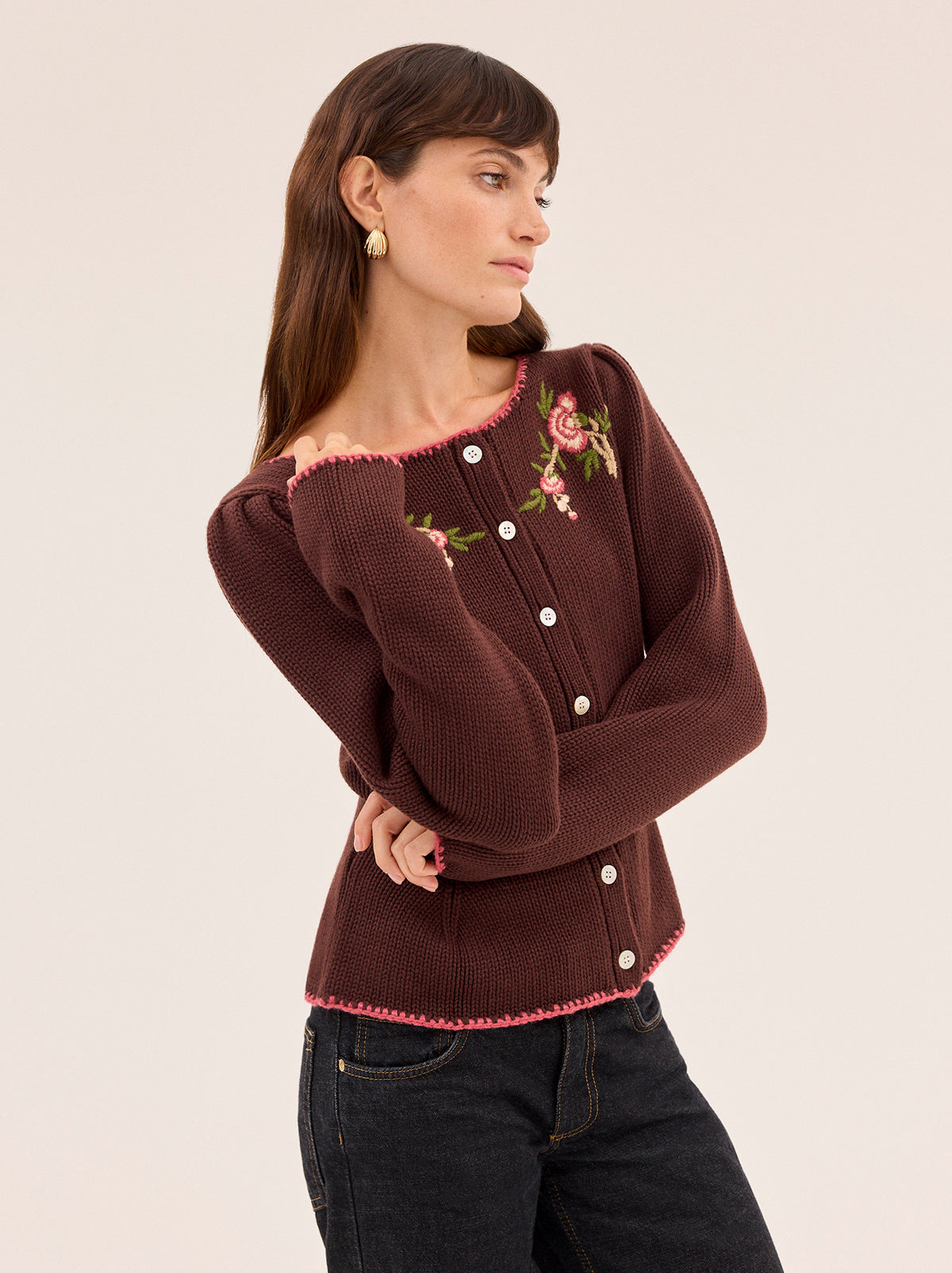 Leonie Chocolate Embroidered Knit Cardigan