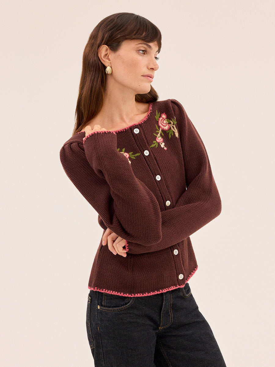 Leonie Chocolate Embroidered Knit Cardigan