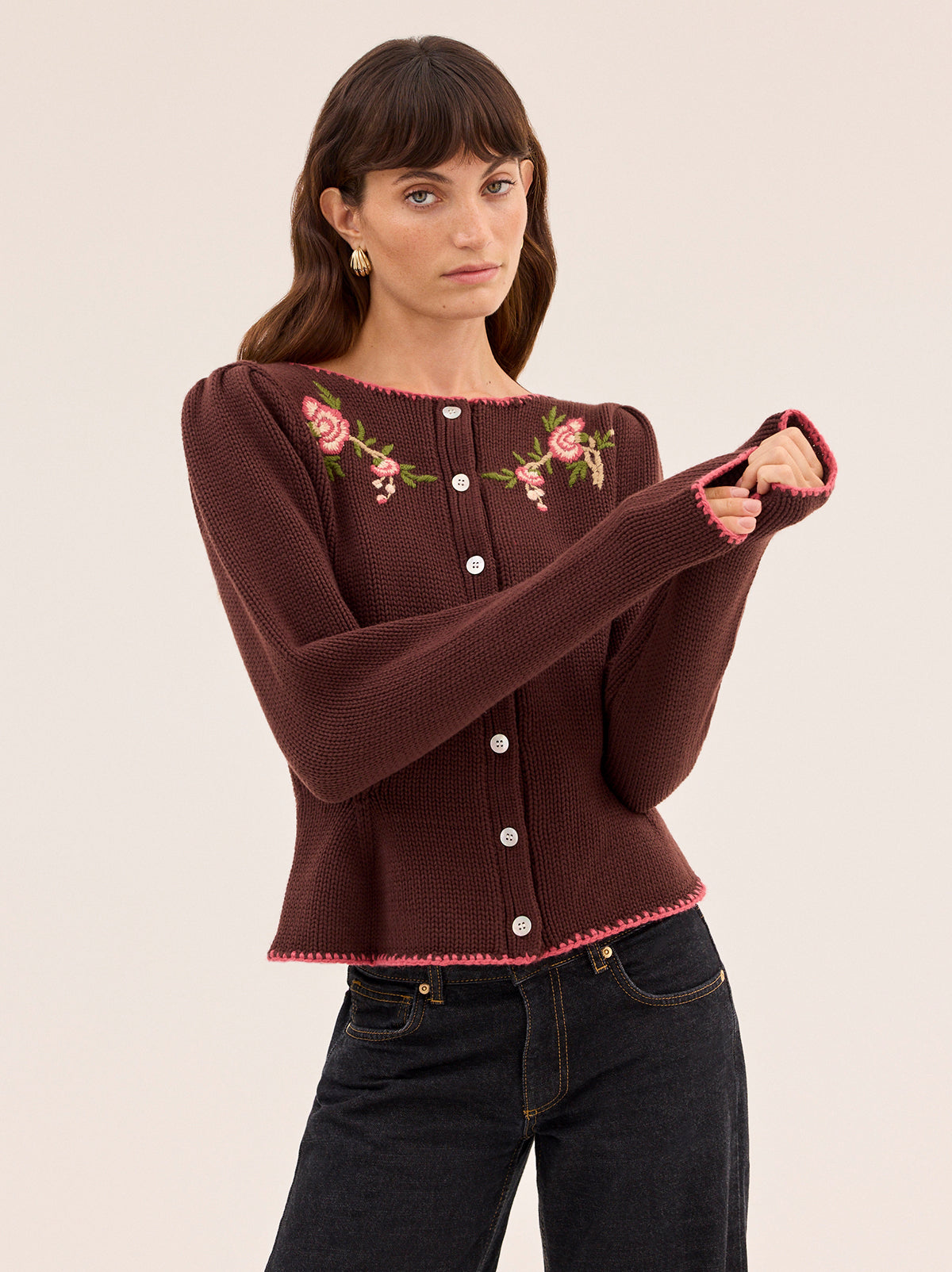 Leonie Chocolate Embroidered Knit Cardigan
