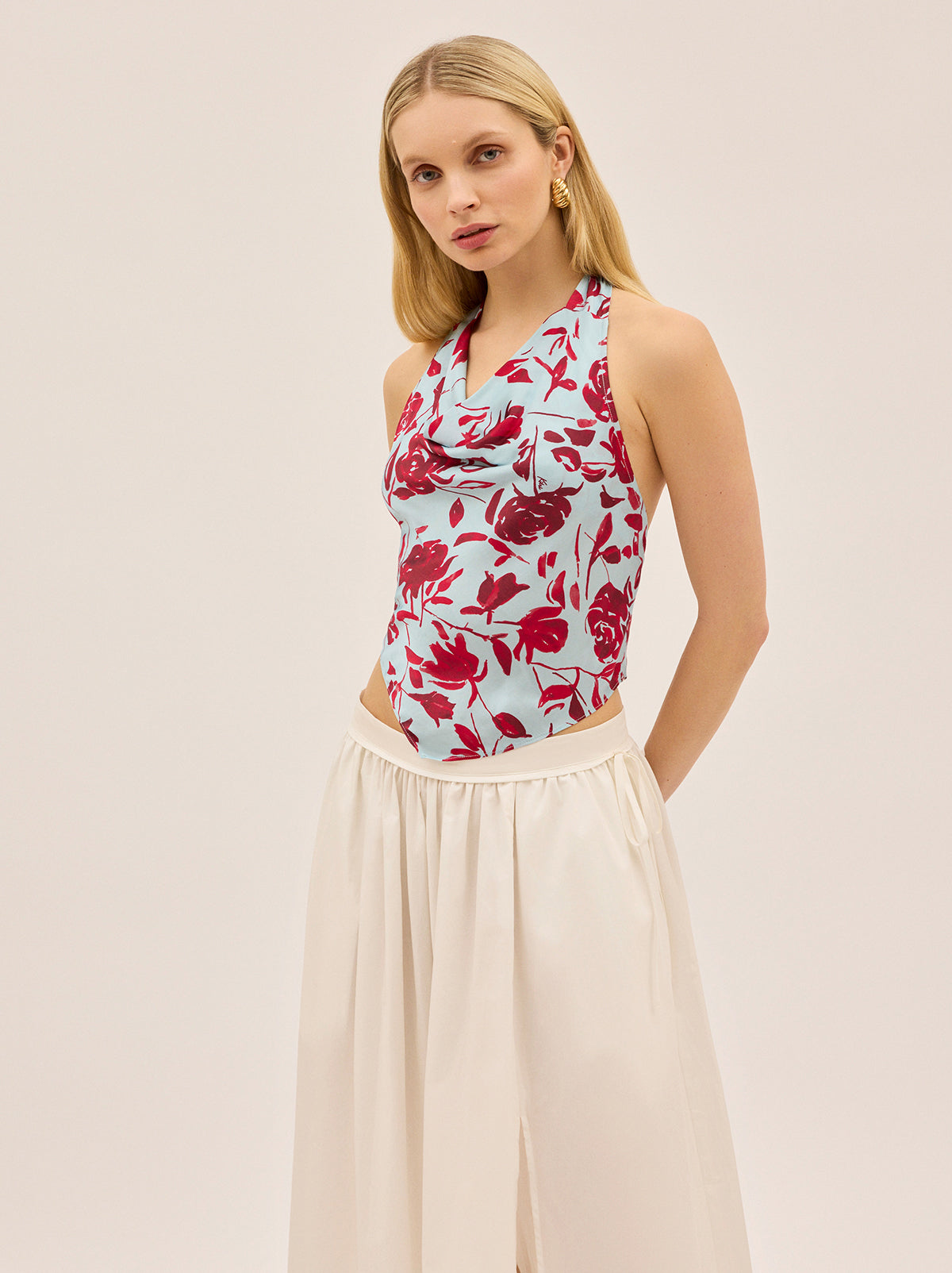 Lucille Blue Rose Print Halter Top