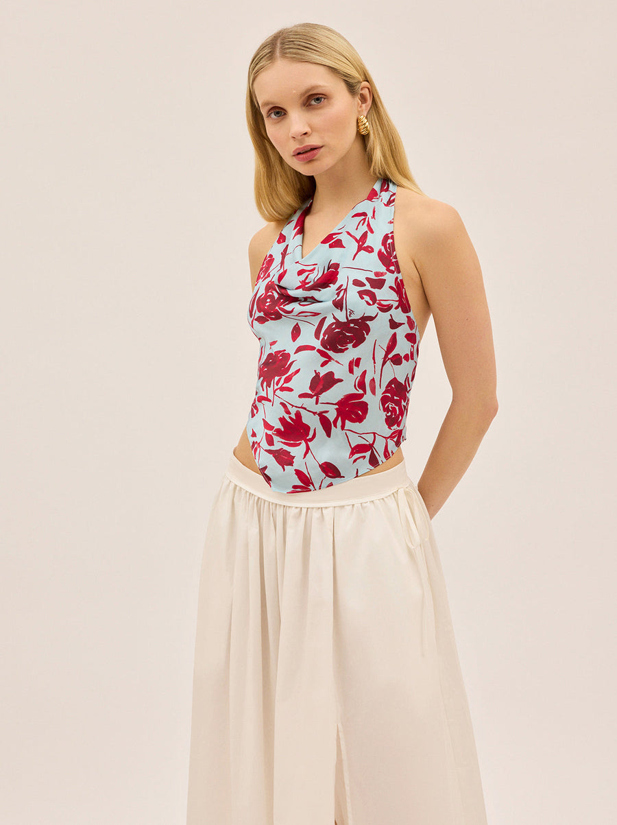 Lucille Blue Rose Print Halter Top