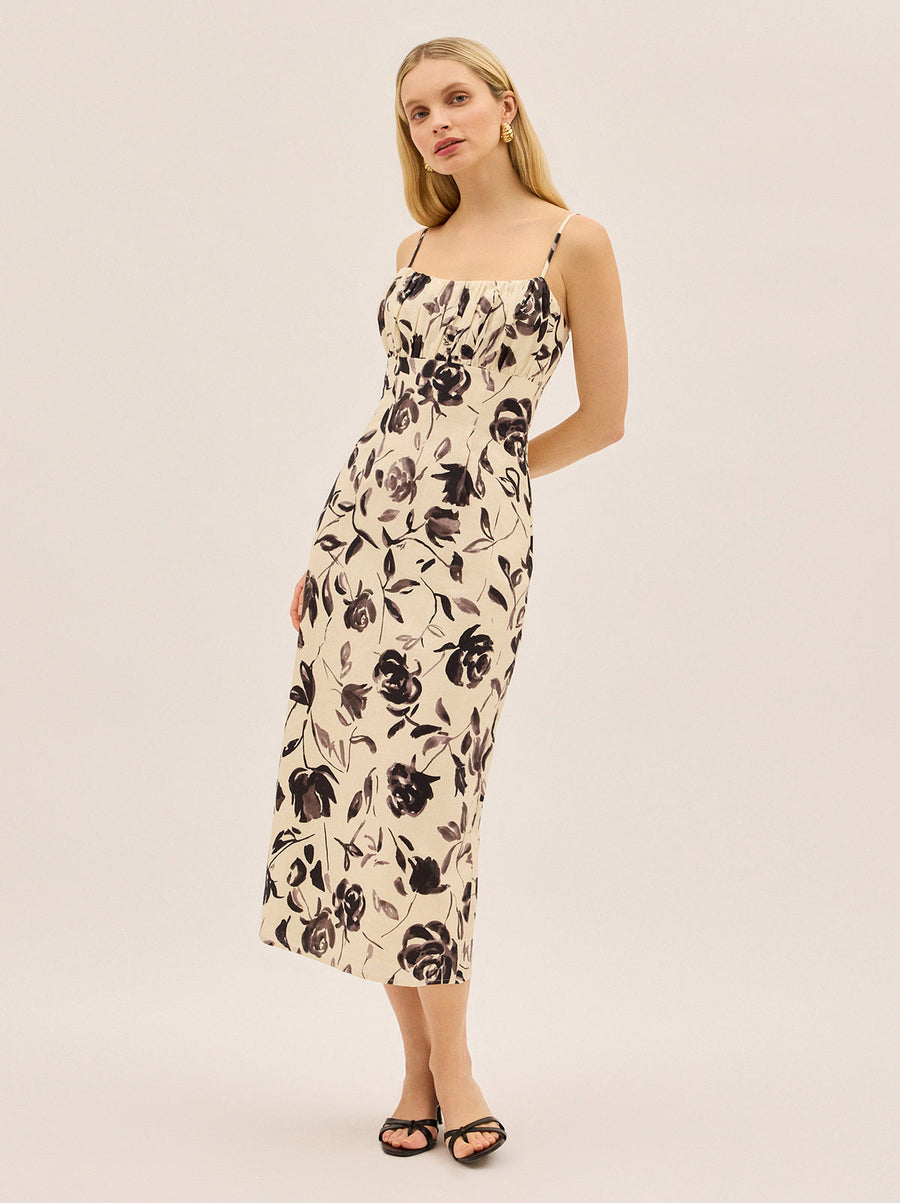 Magda Monochrome Rose Print Midi Dress