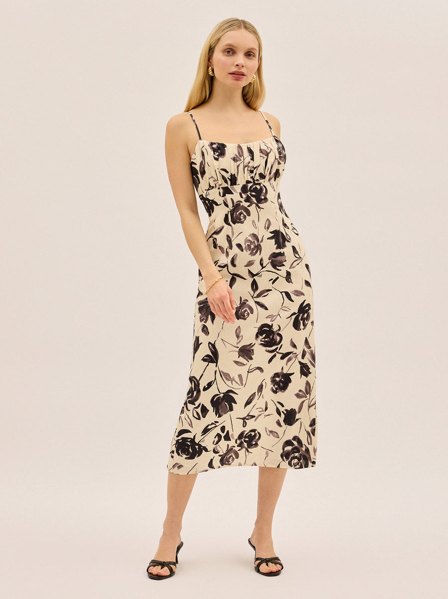 Magda Monochrome Rose Print Midi Dress