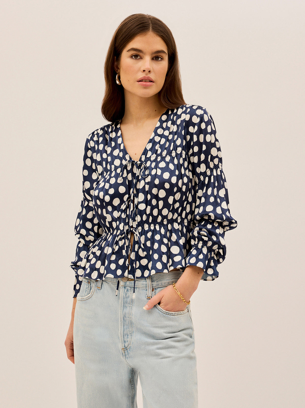 Maia Navy Polka Dot Satin Top
