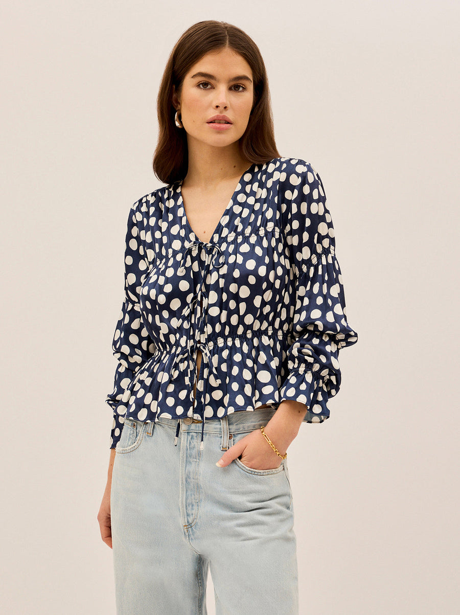 Maia Navy Polka Dot Satin Top