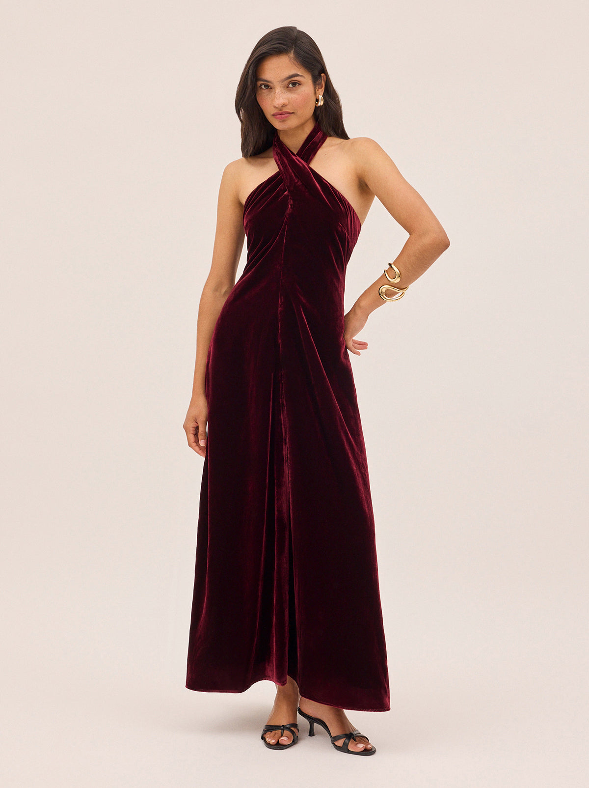 Neve Burgundy Velvet Halter Dress
