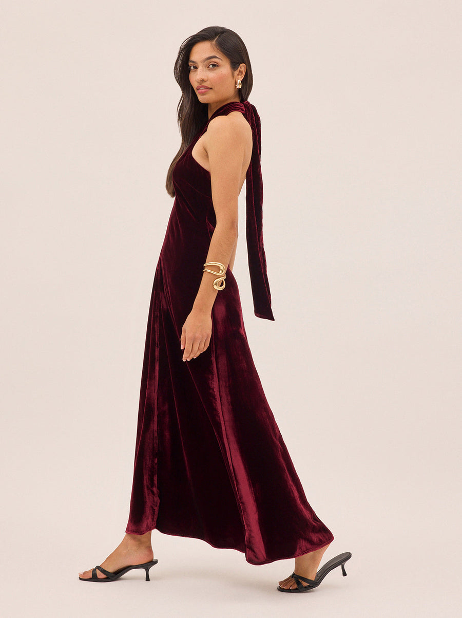 Neve Burgundy Velvet Halter Dress