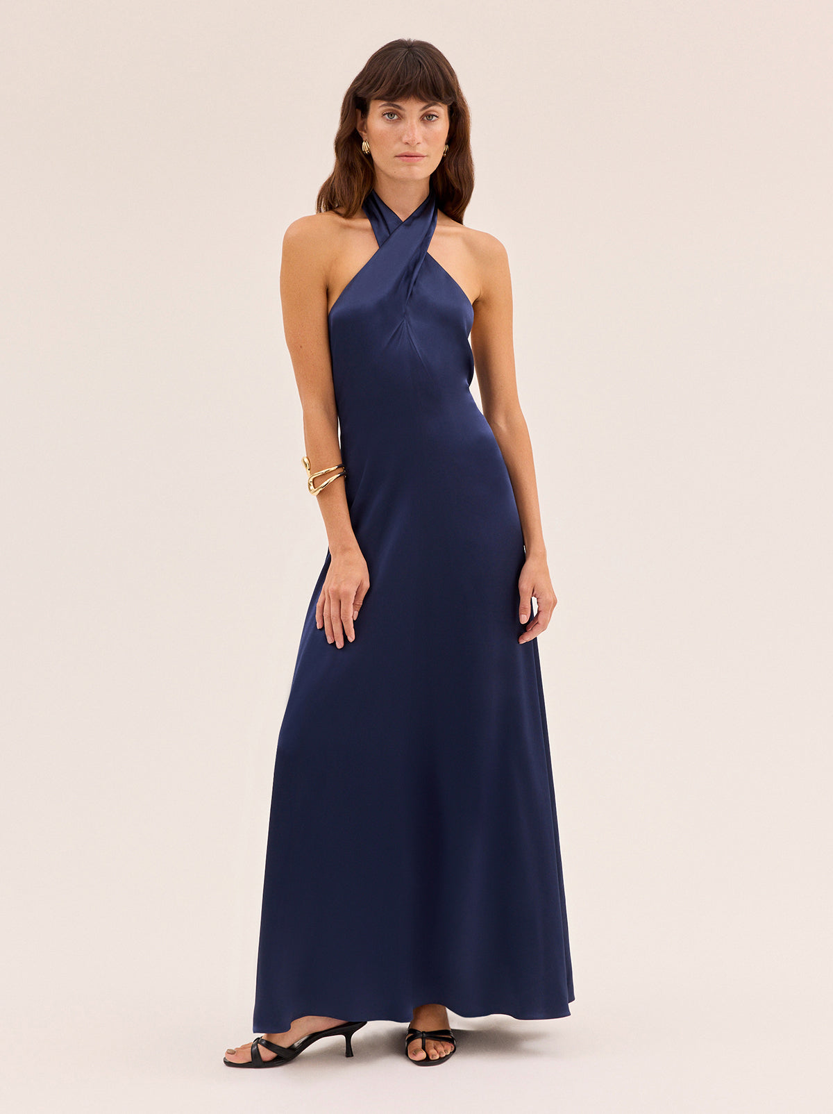 Neve Navy Satin Halterneck Dress