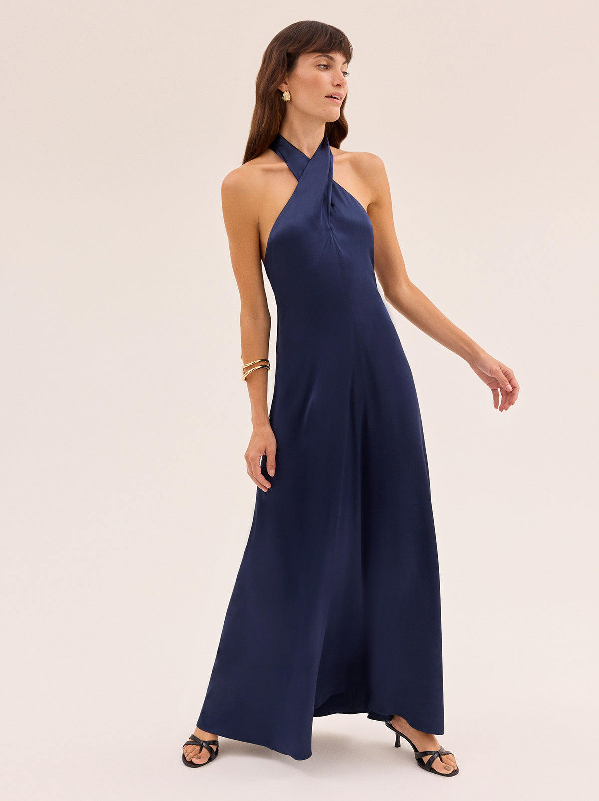 Neve Navy Satin Halterneck Dress