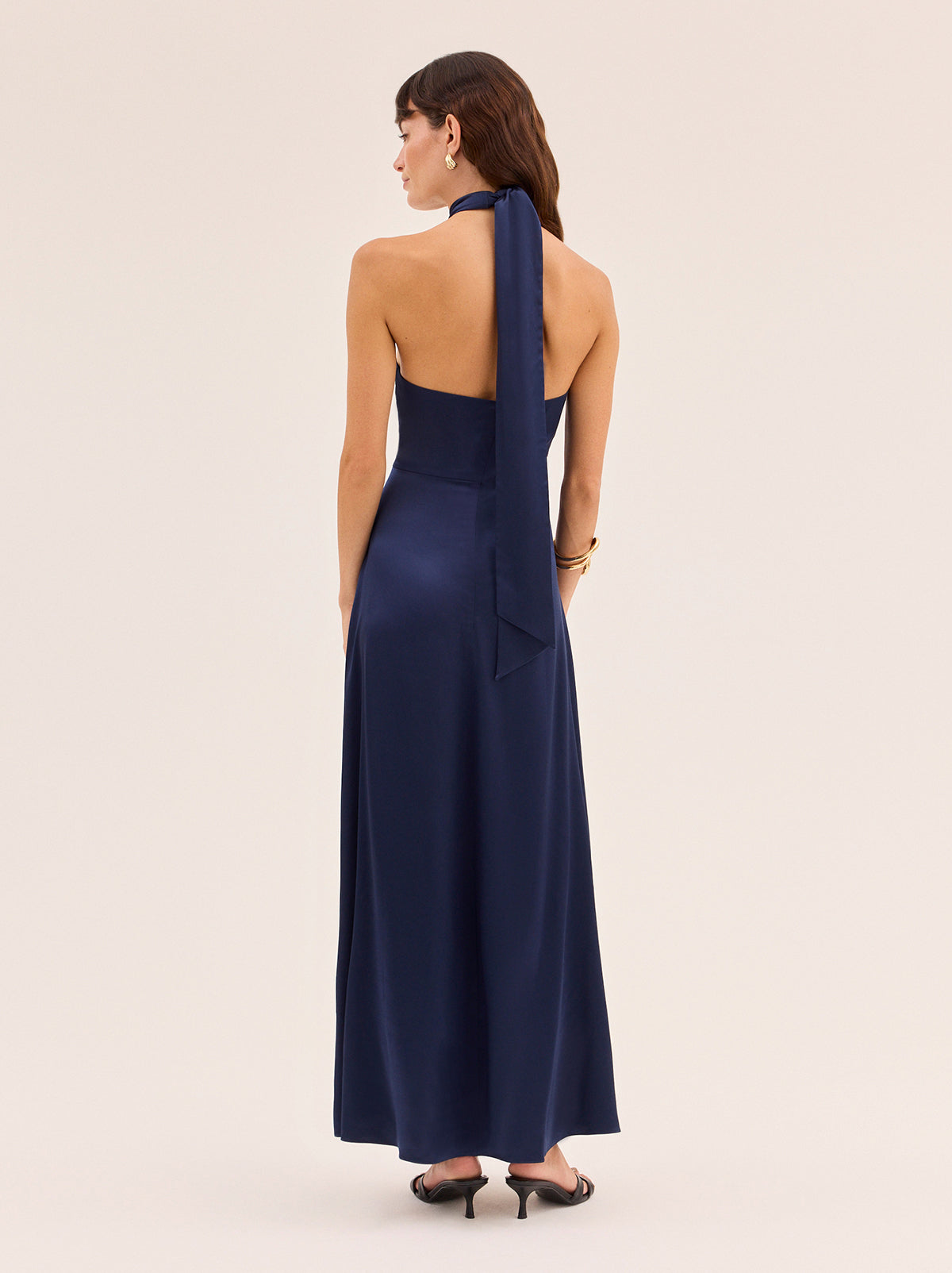 Neve Navy Satin Halterneck Dress