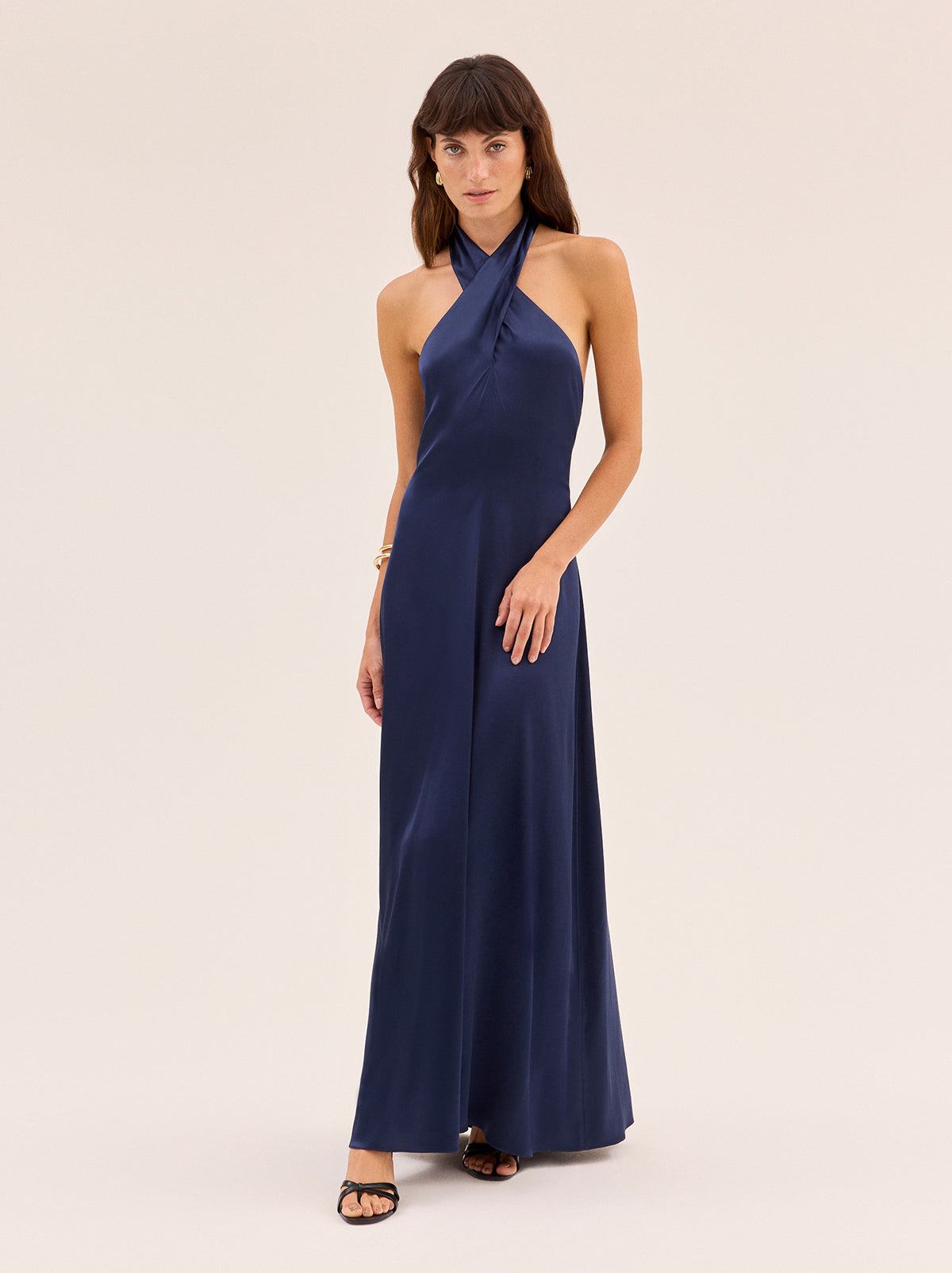 Neve Navy Satin Halterneck Dress