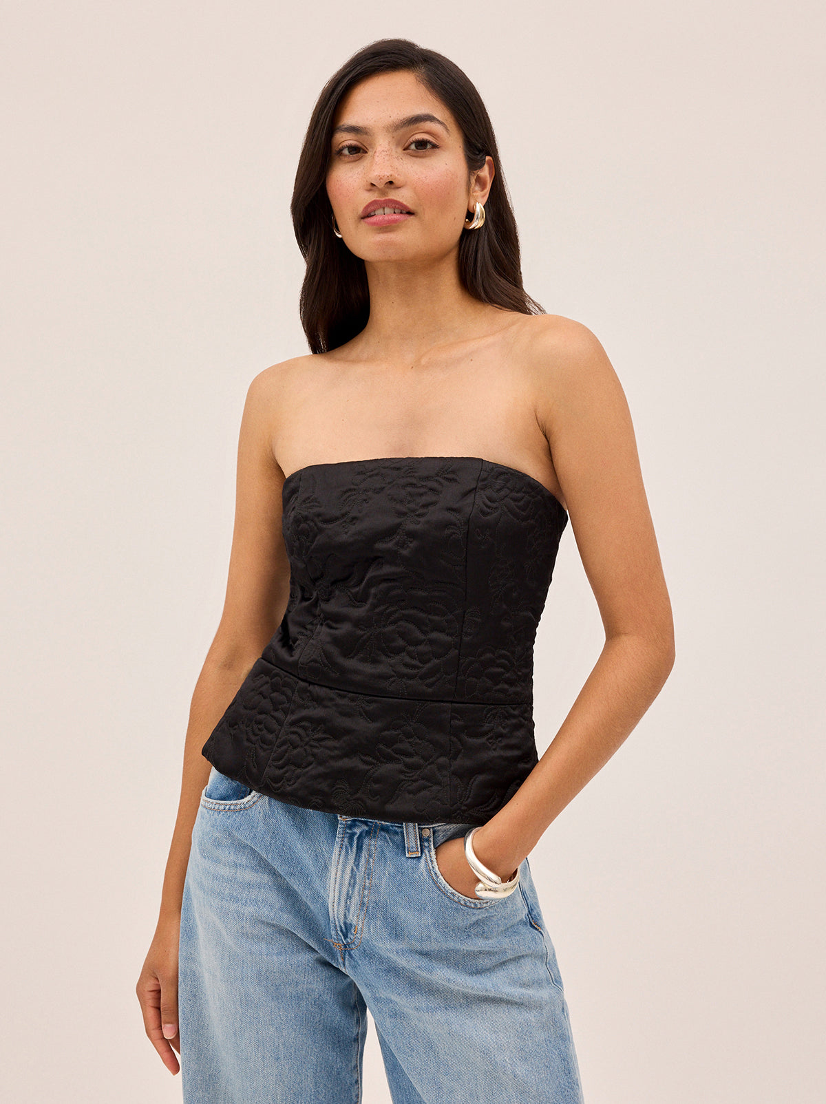Petra Black Quilted Satin Bandeau Top