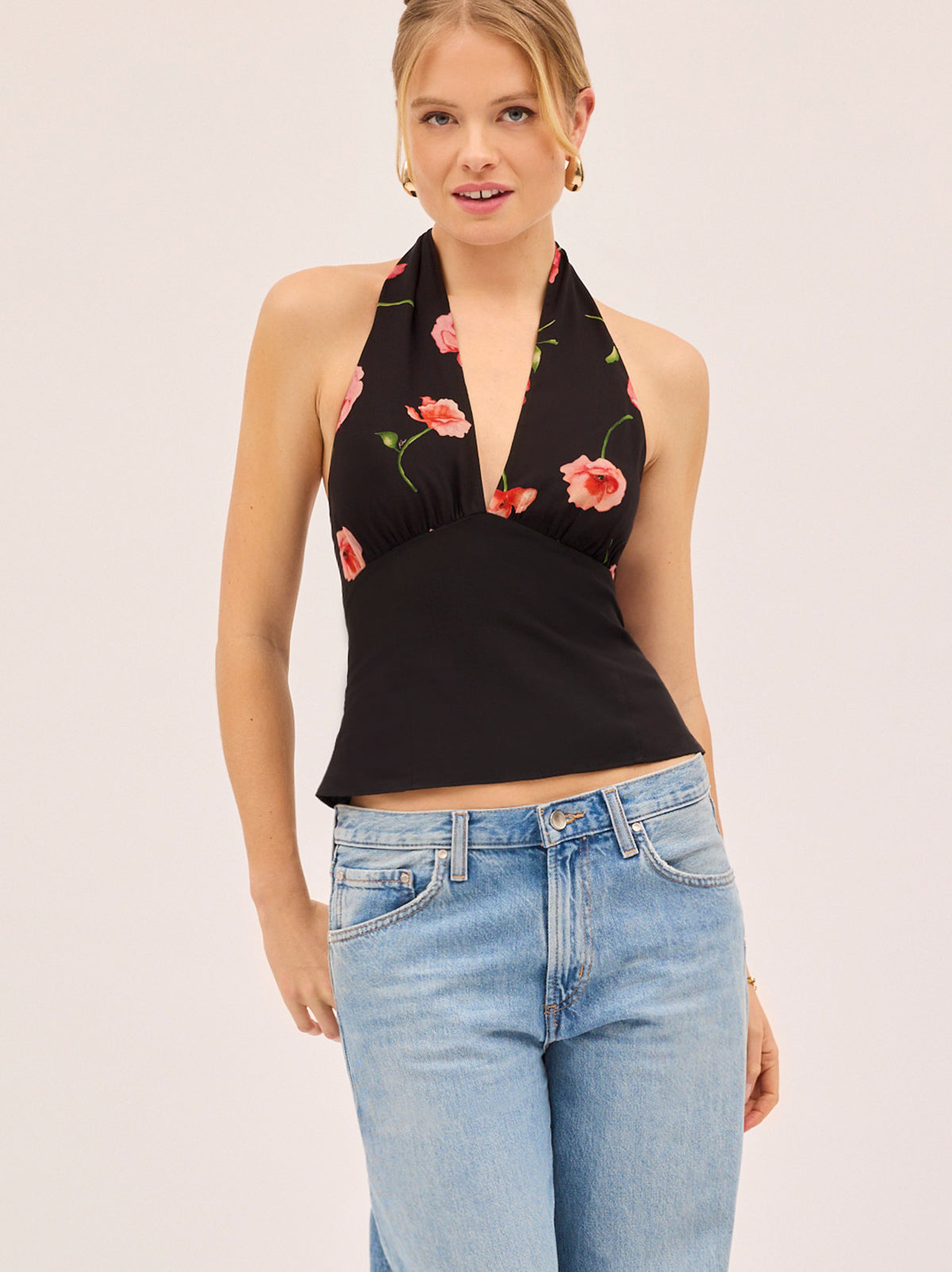 Raine Black Poppy Print Halter Top