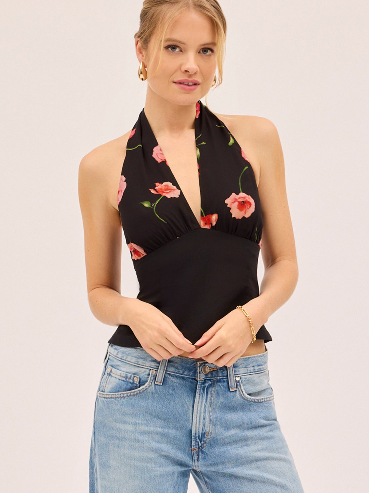 Raine Black Poppy Print Halter Top