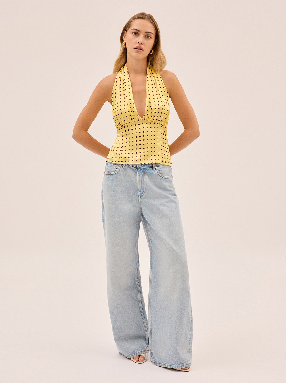 Raine Yellow Pin Dot Print Halter Top