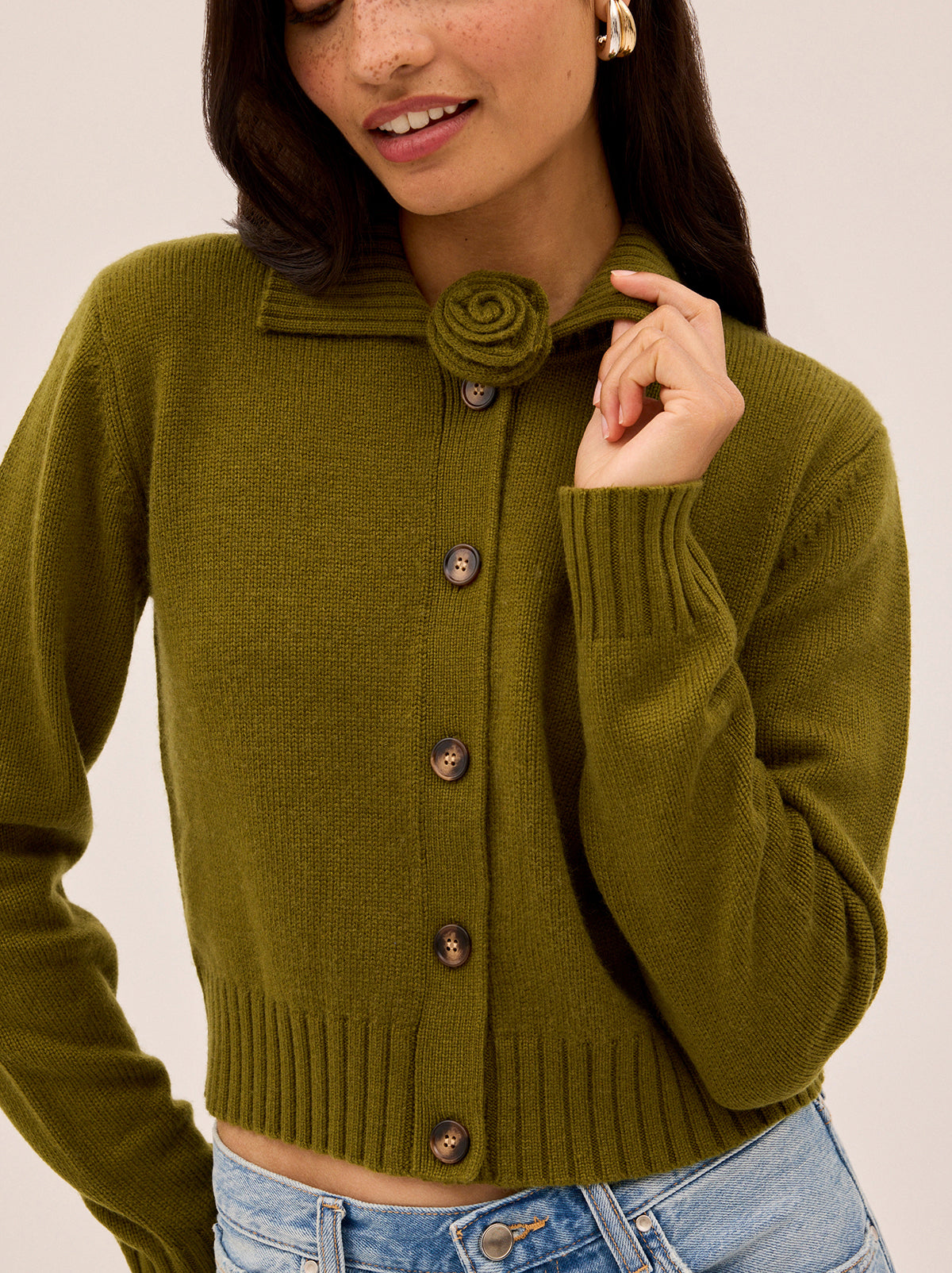 Romy Olive Wool-Blend Collared Cardigan