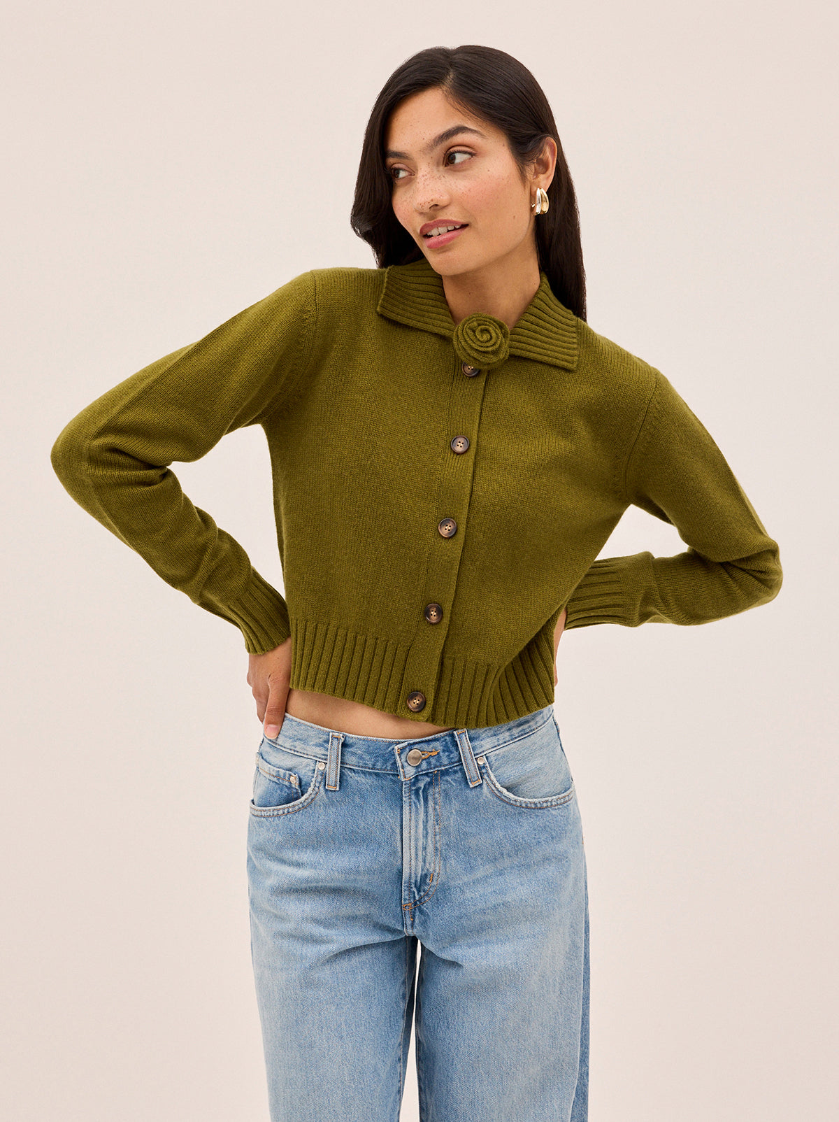 Romy Olive Wool-Blend Collared Cardigan