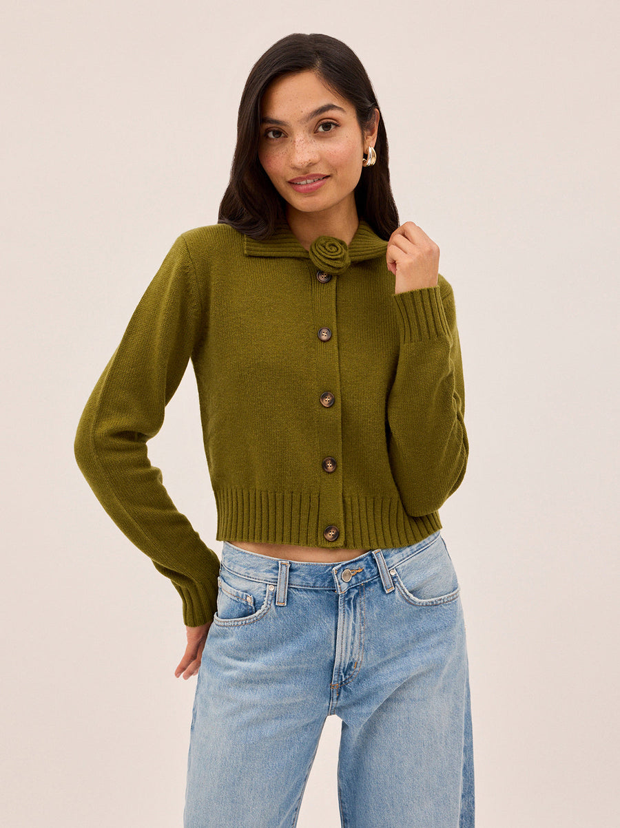 Romy Olive Wool-Blend Collared Cardigan
