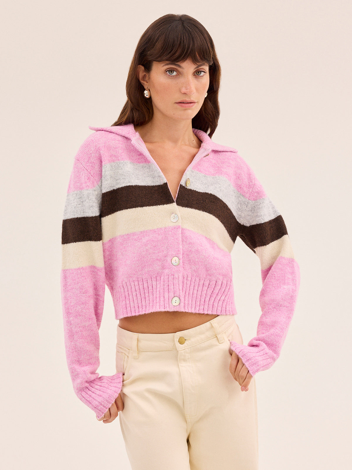 Romy Pink Neapolitan Stripe Knit Cardigan