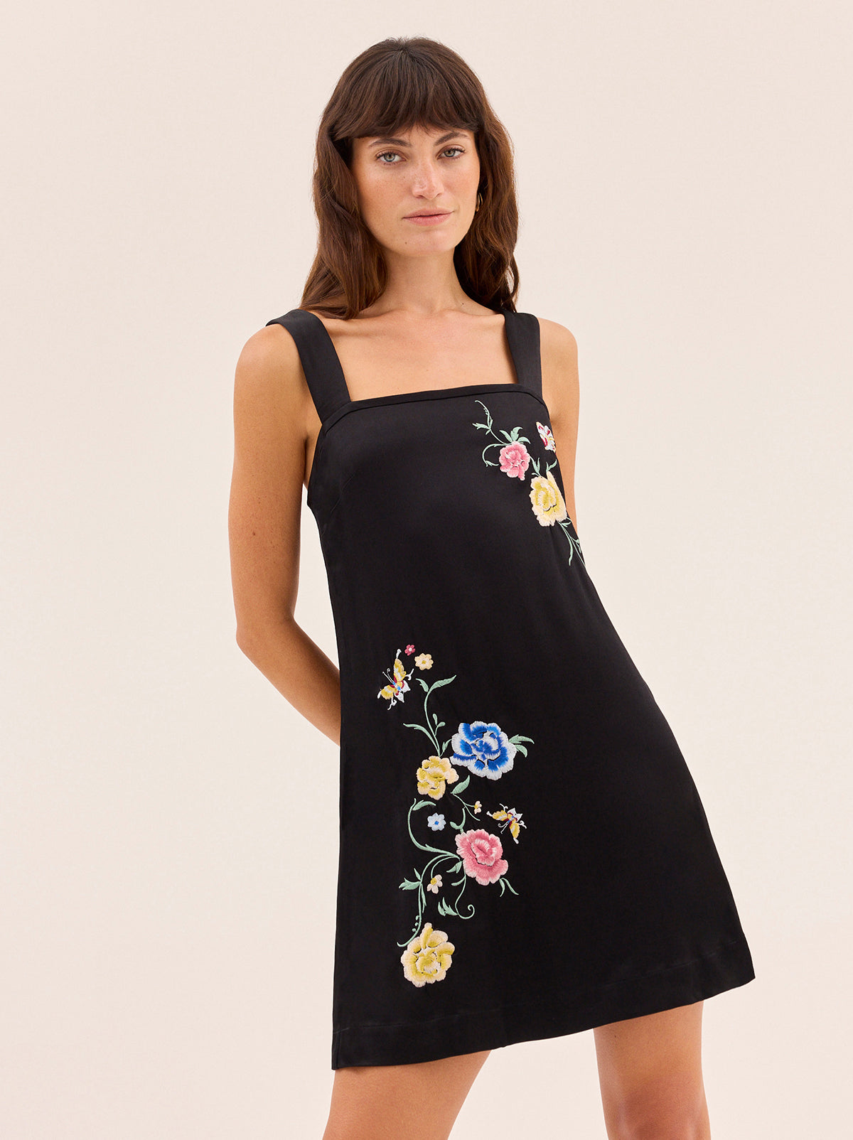 Saffron Black Satin Embroidered Mini Dress