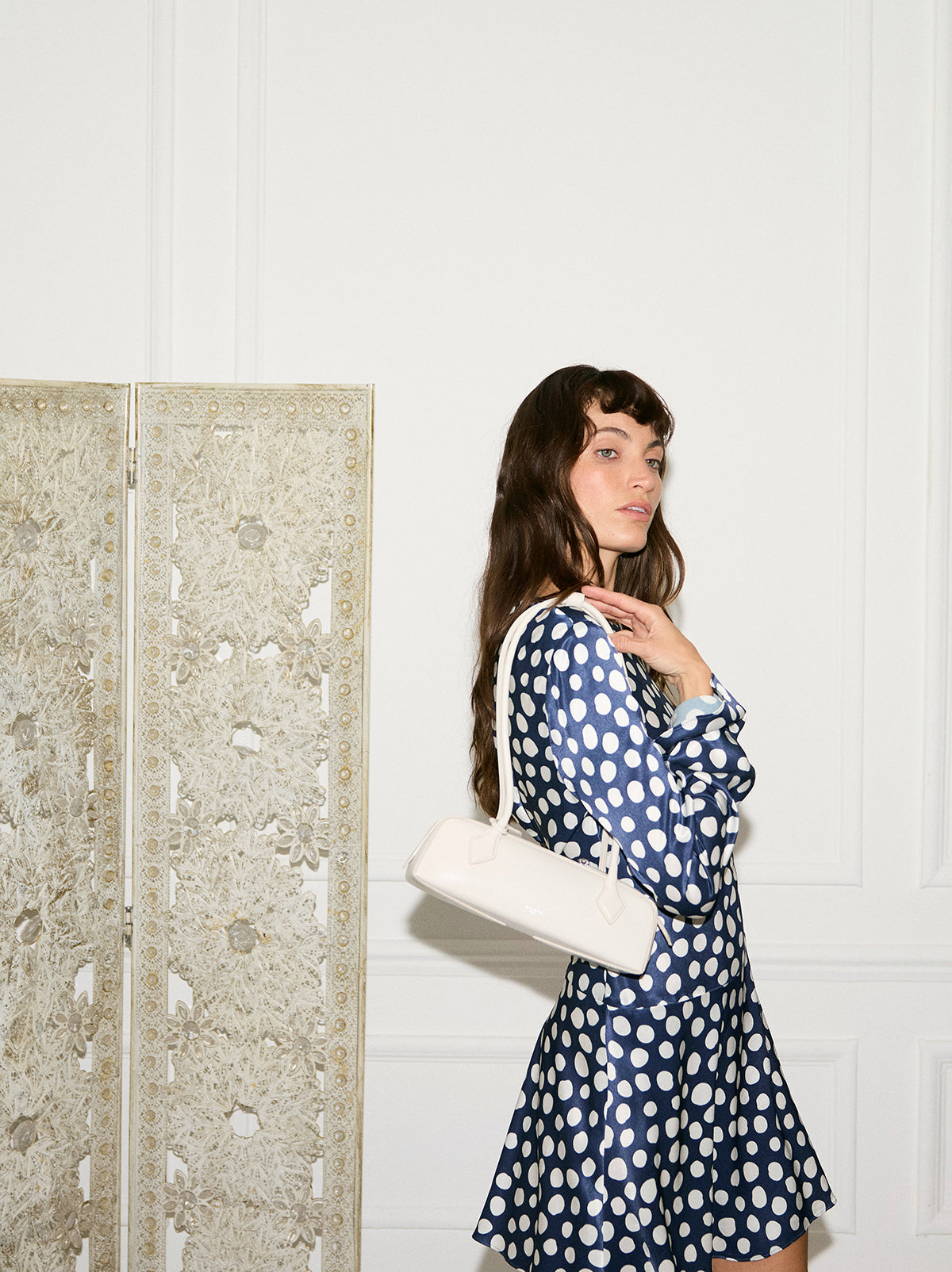 Stefania Navy Polka Dot Satin Mini Dress
