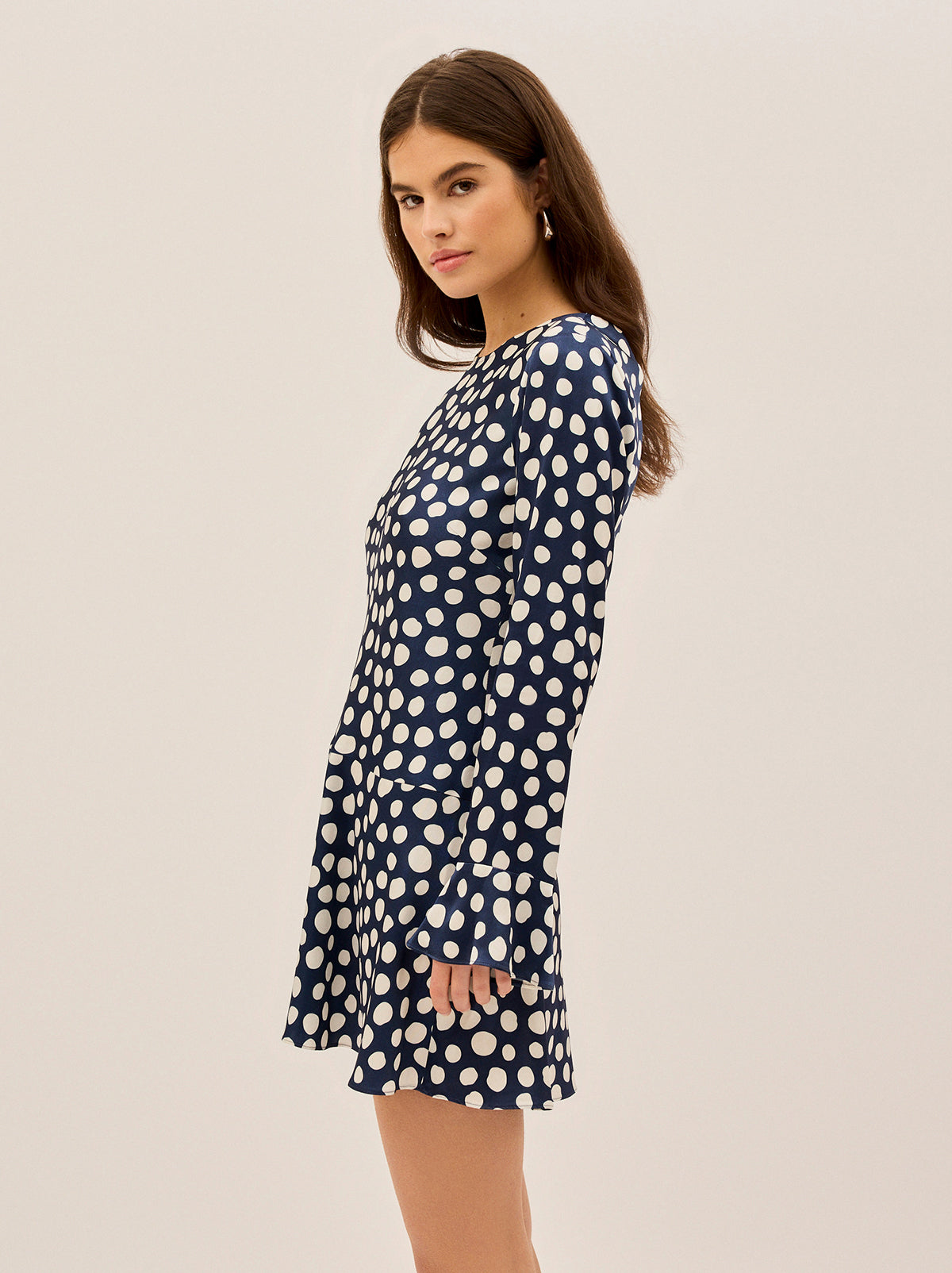 Stefania Navy Polka Dot Satin Mini Dress