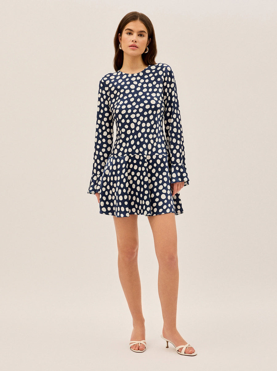 Stefania Navy Polka Dot Satin Mini Dress