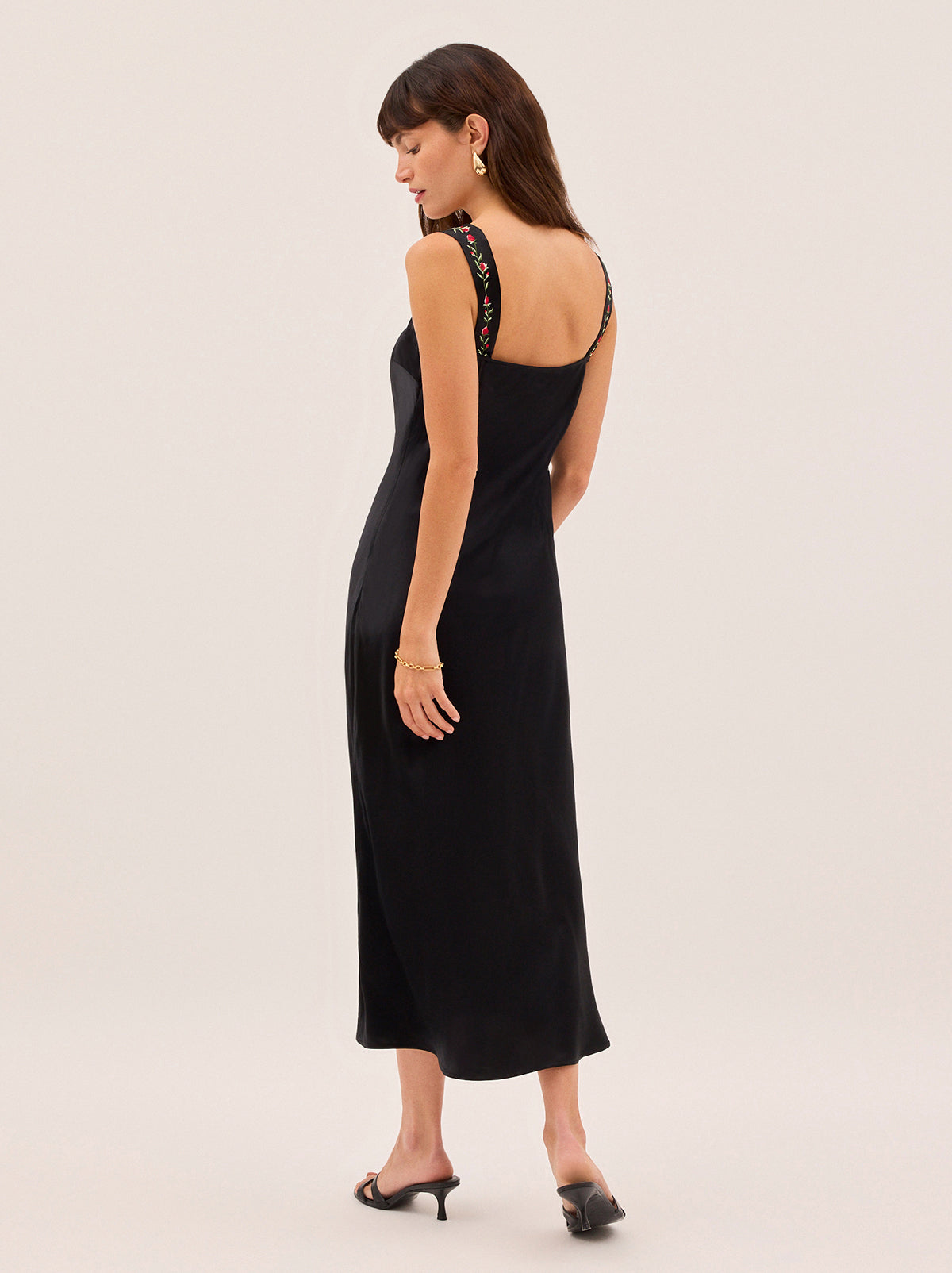 Tabitha Embroidered Black Satin Dress