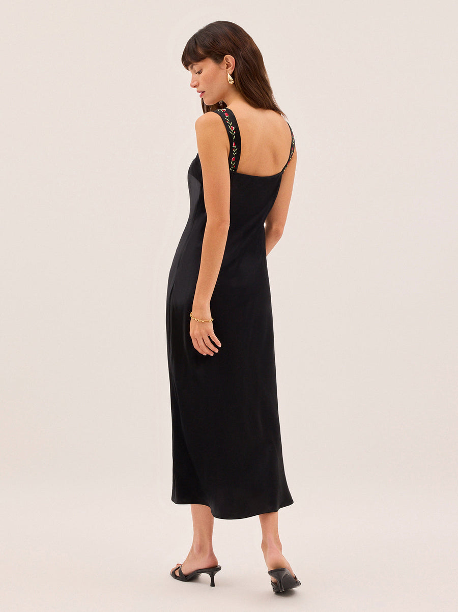 Tabitha Embroidered Black Satin Dress