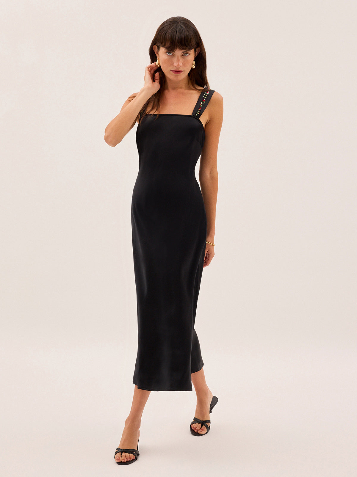 Tabitha Embroidered Black Satin Dress