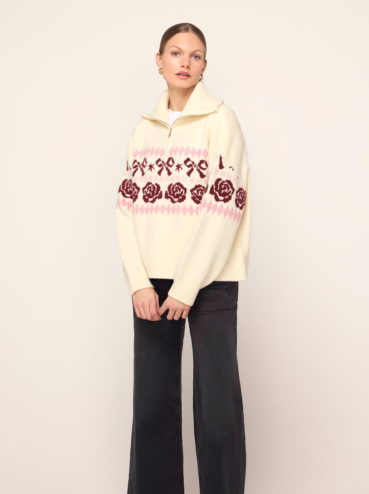 Uma Ivory Bow Fairisle Quarter Zip Sweater