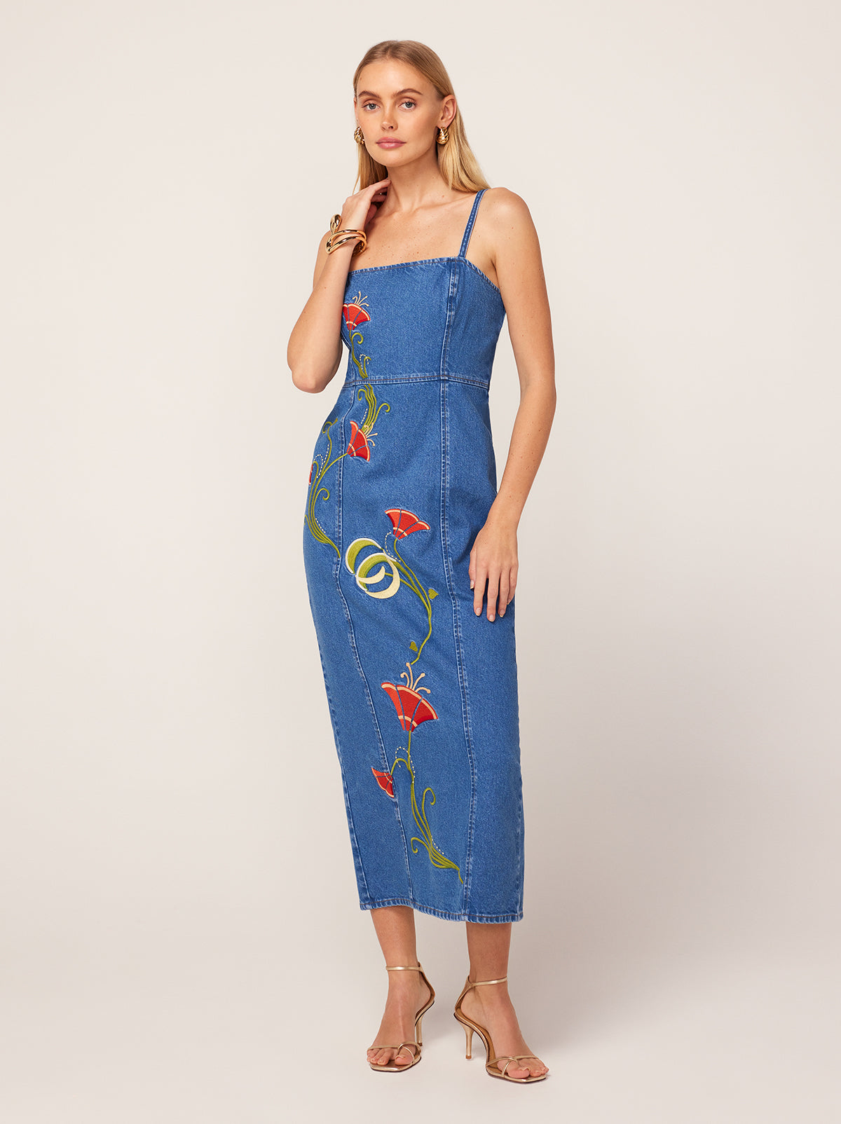 Ursula Embroidered Denim Midi Dress