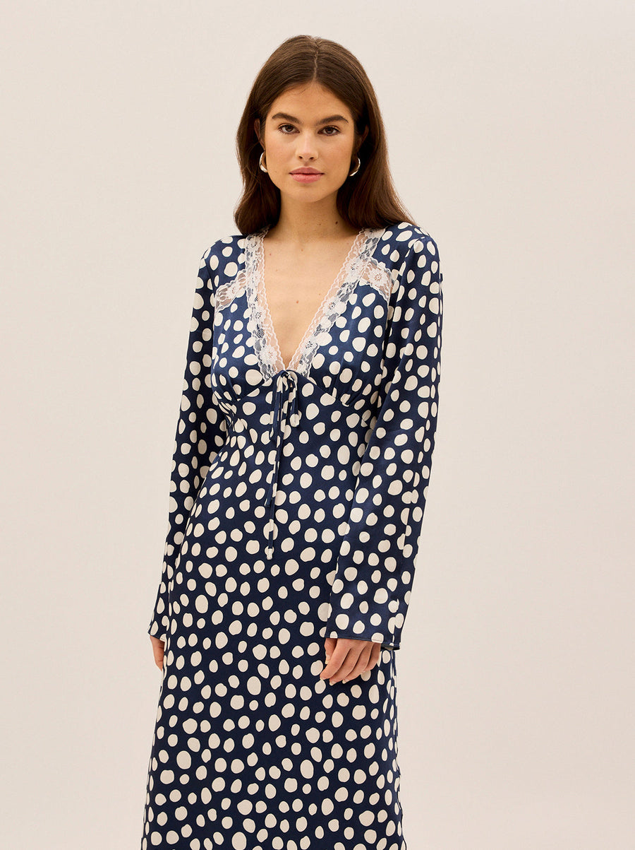 Zelda Navy Polka Dot Satin Dress